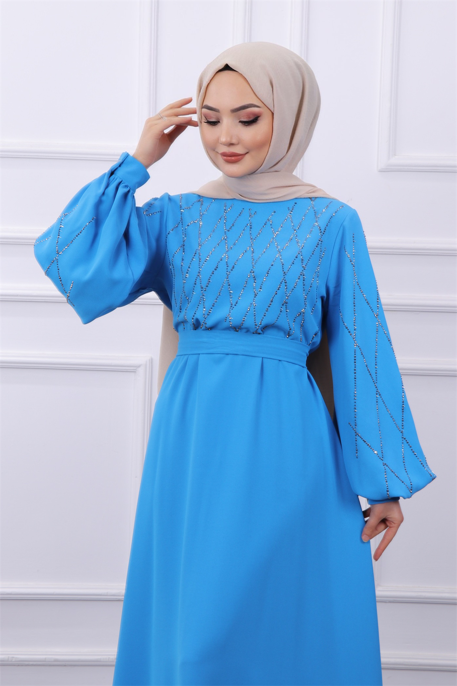 Taşlı Balon Kol Elbise Mavi