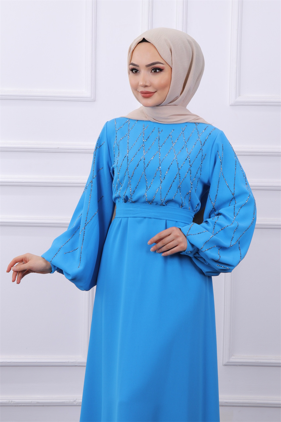 Taşlı Balon Kol Elbise Mavi