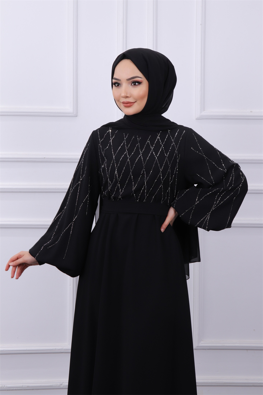 Taşlı Balon Kol Elbise Siyah