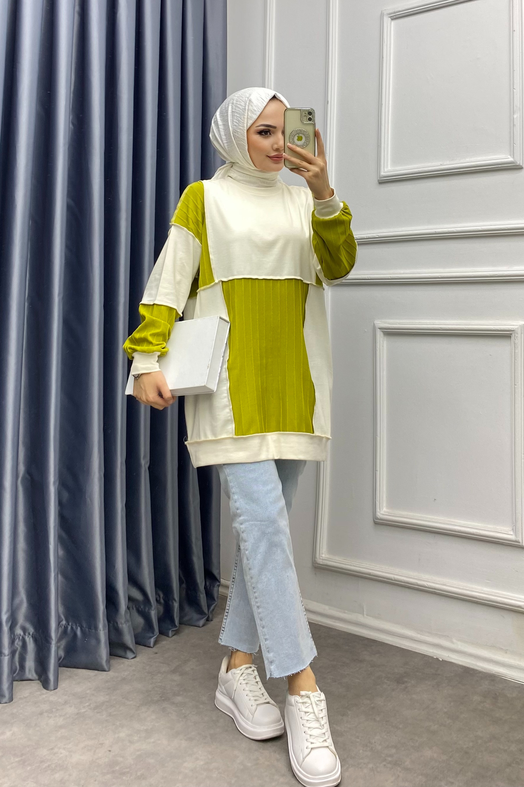Ters Dikiş Tunik Yeşil Krem