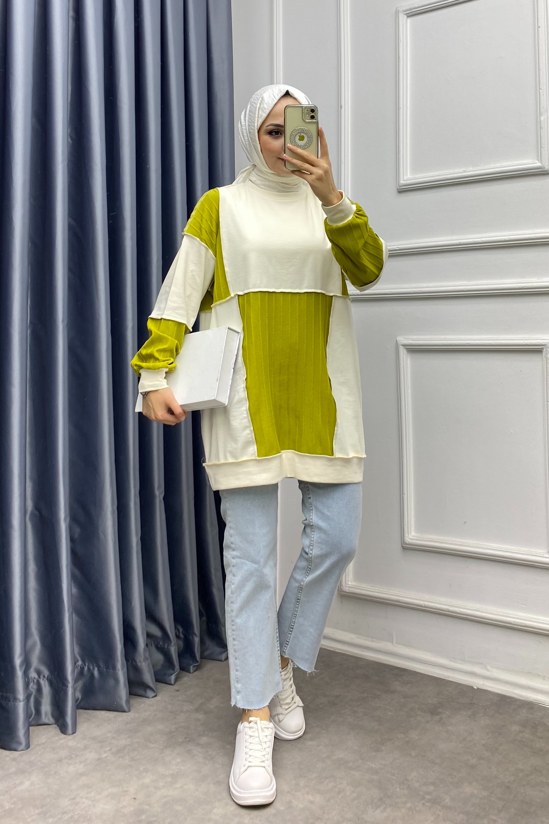 Ters Dikiş Tunik Yeşil Krem