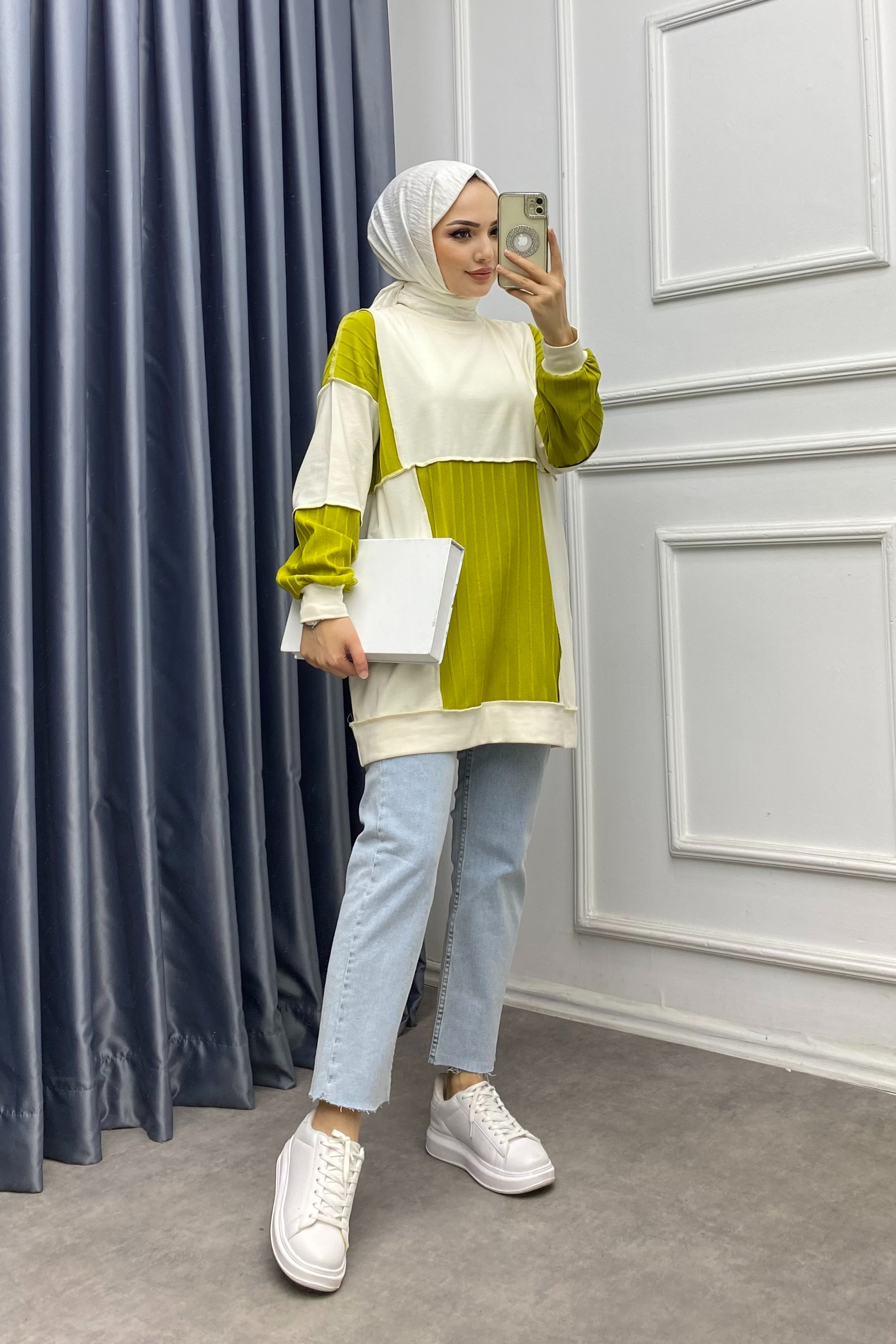 Ters Dikiş Tunik Yeşil Krem