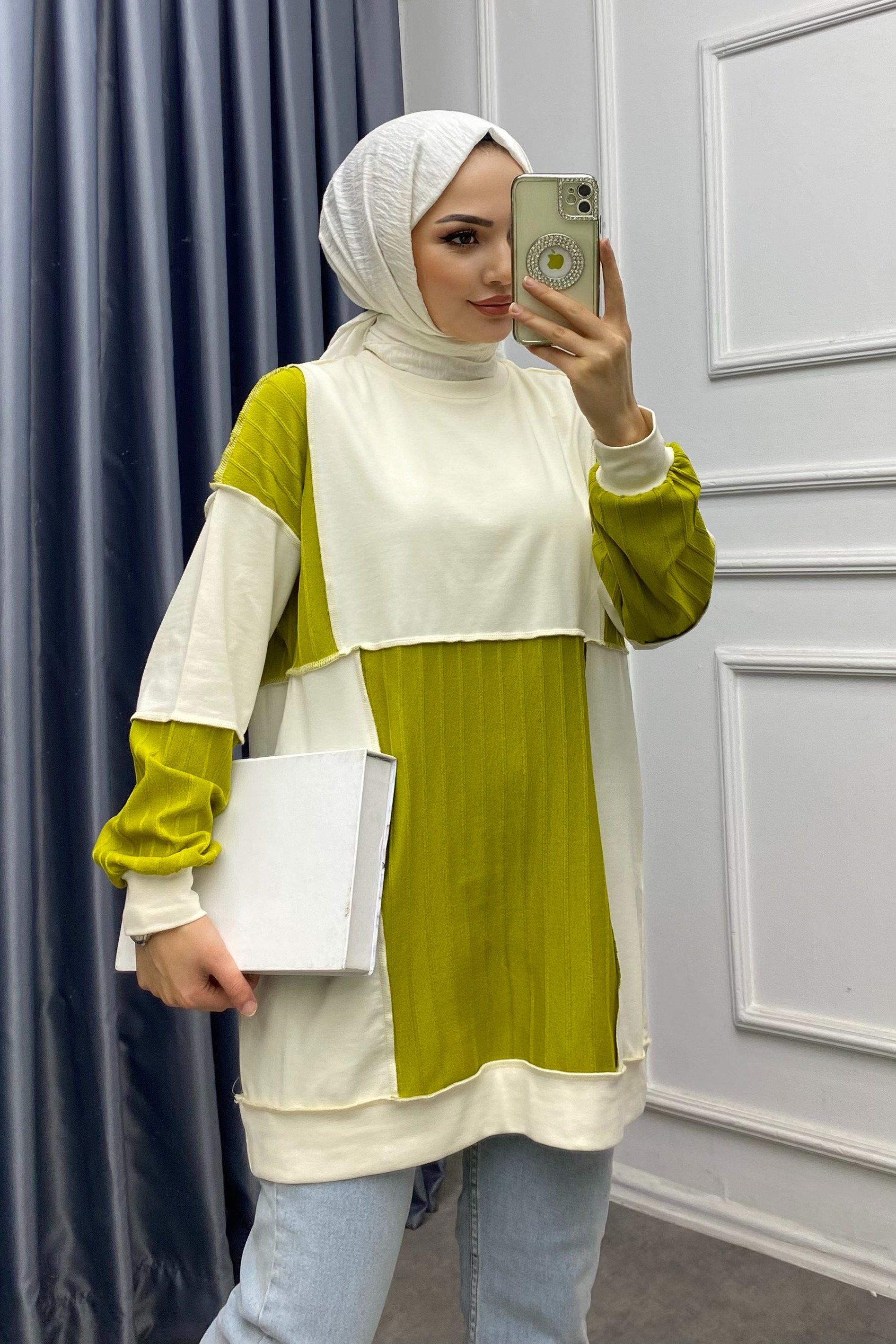Ters Dikiş Tunik Yeşil Krem