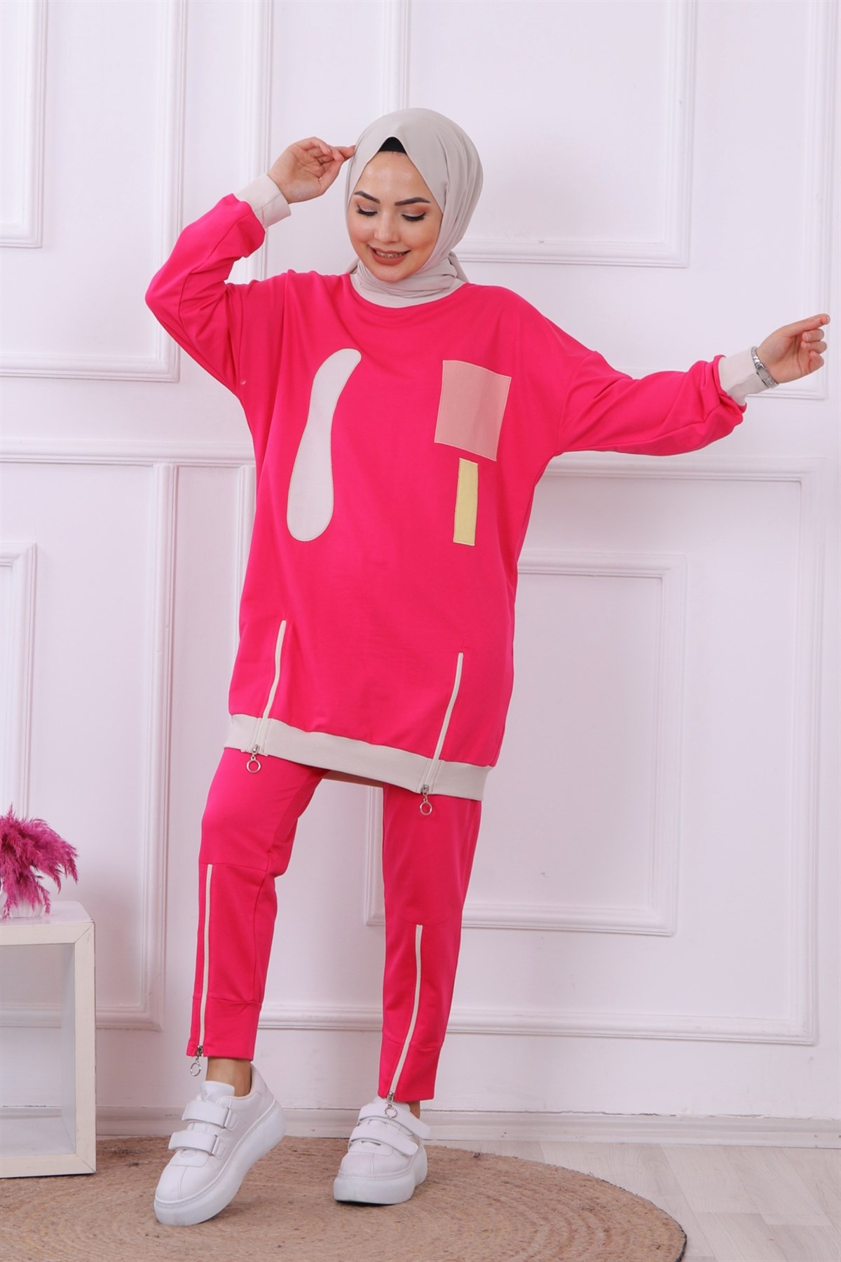 Tuniği Ve Pantolonu Fermuar Detaylı Takım Pembe