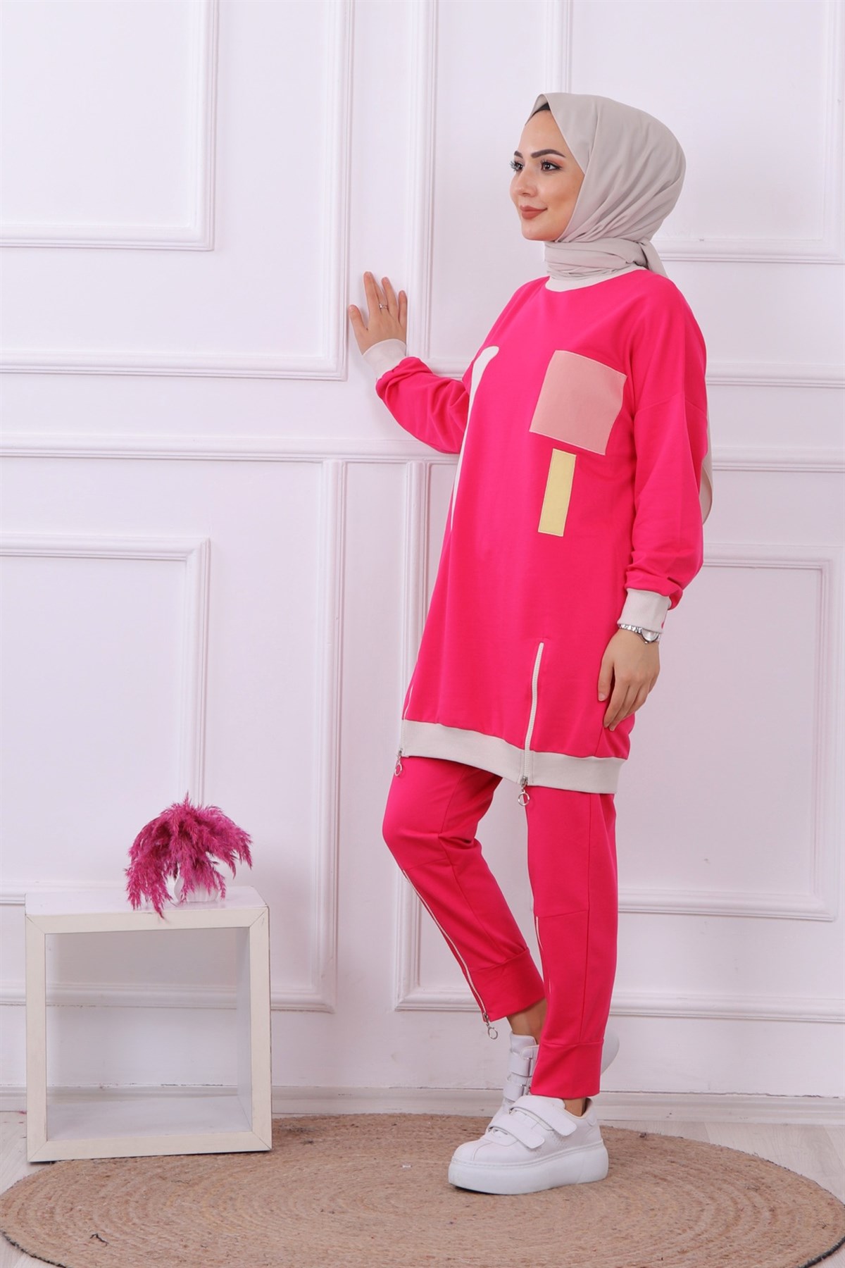 Tuniği Ve Pantolonu Fermuar Detaylı Takım Pembe