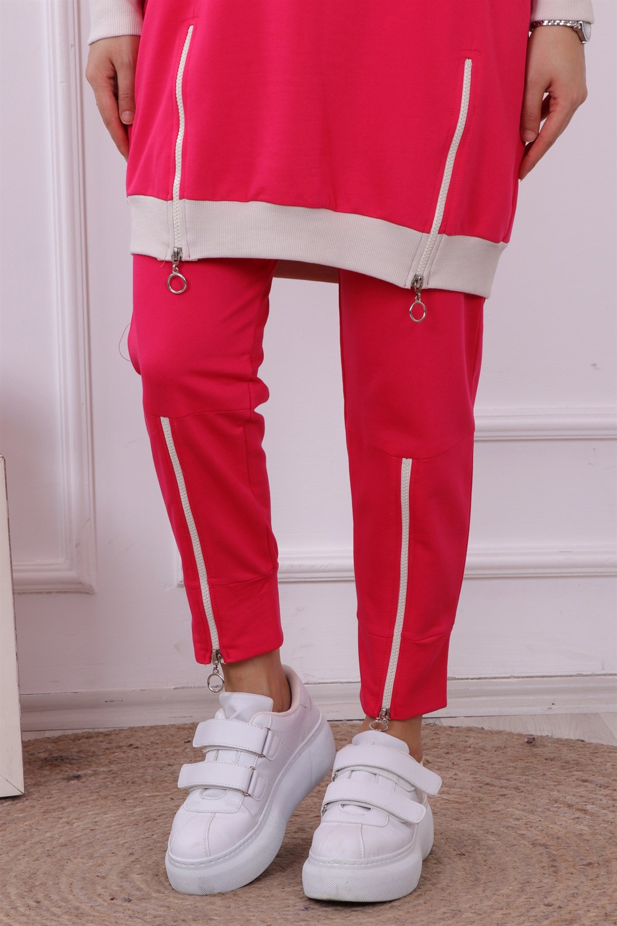 Tuniği Ve Pantolonu Fermuar Detaylı Takım Pembe
