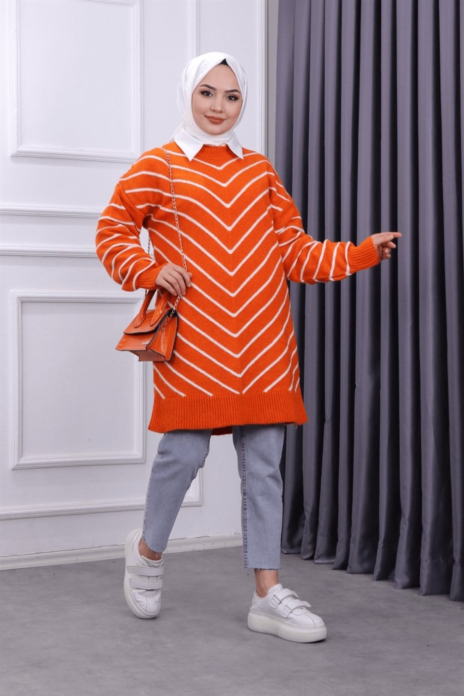 Turuncu Beyaz Çizgili Tunik
