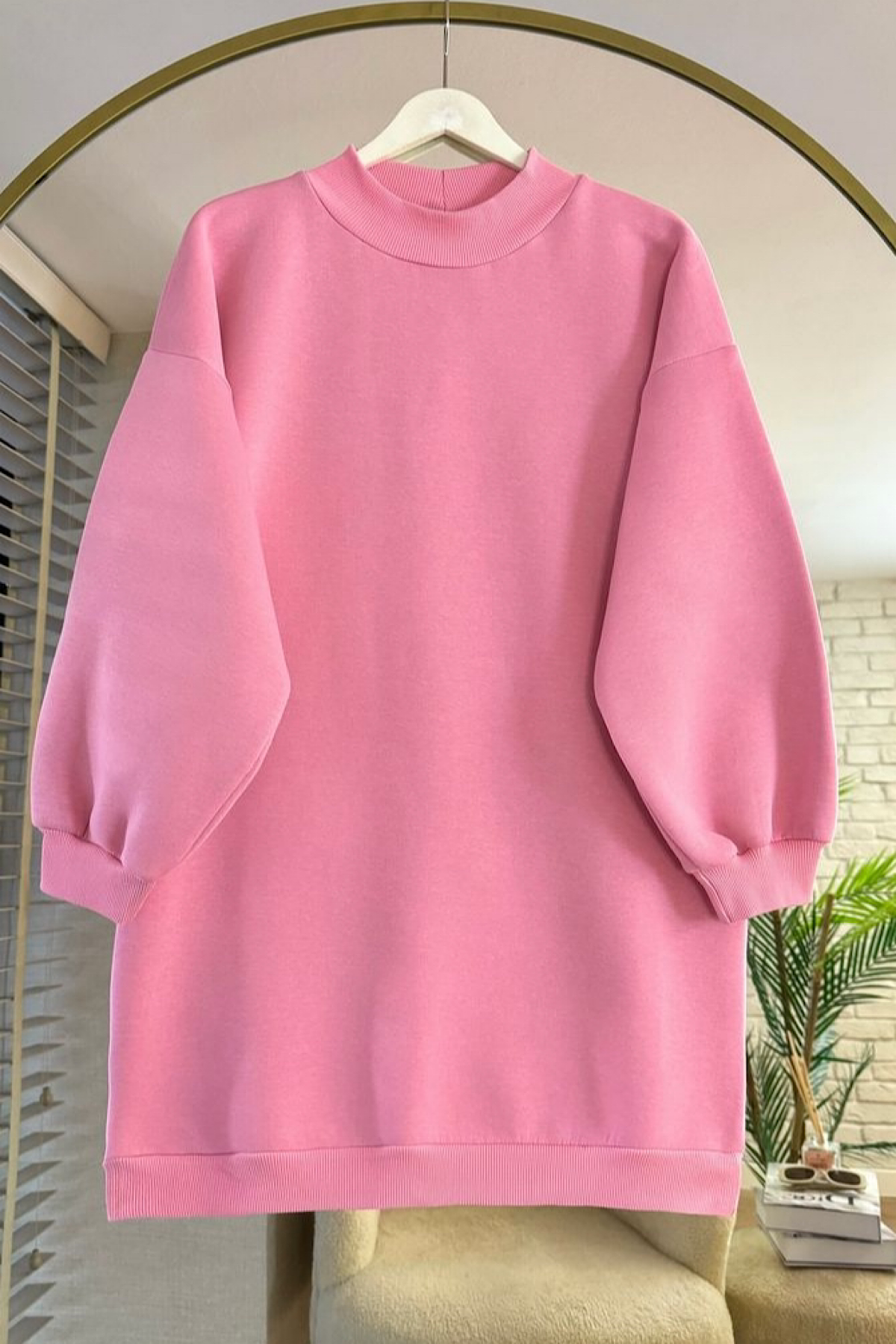 Üç iplik balon kol tunik Pembe