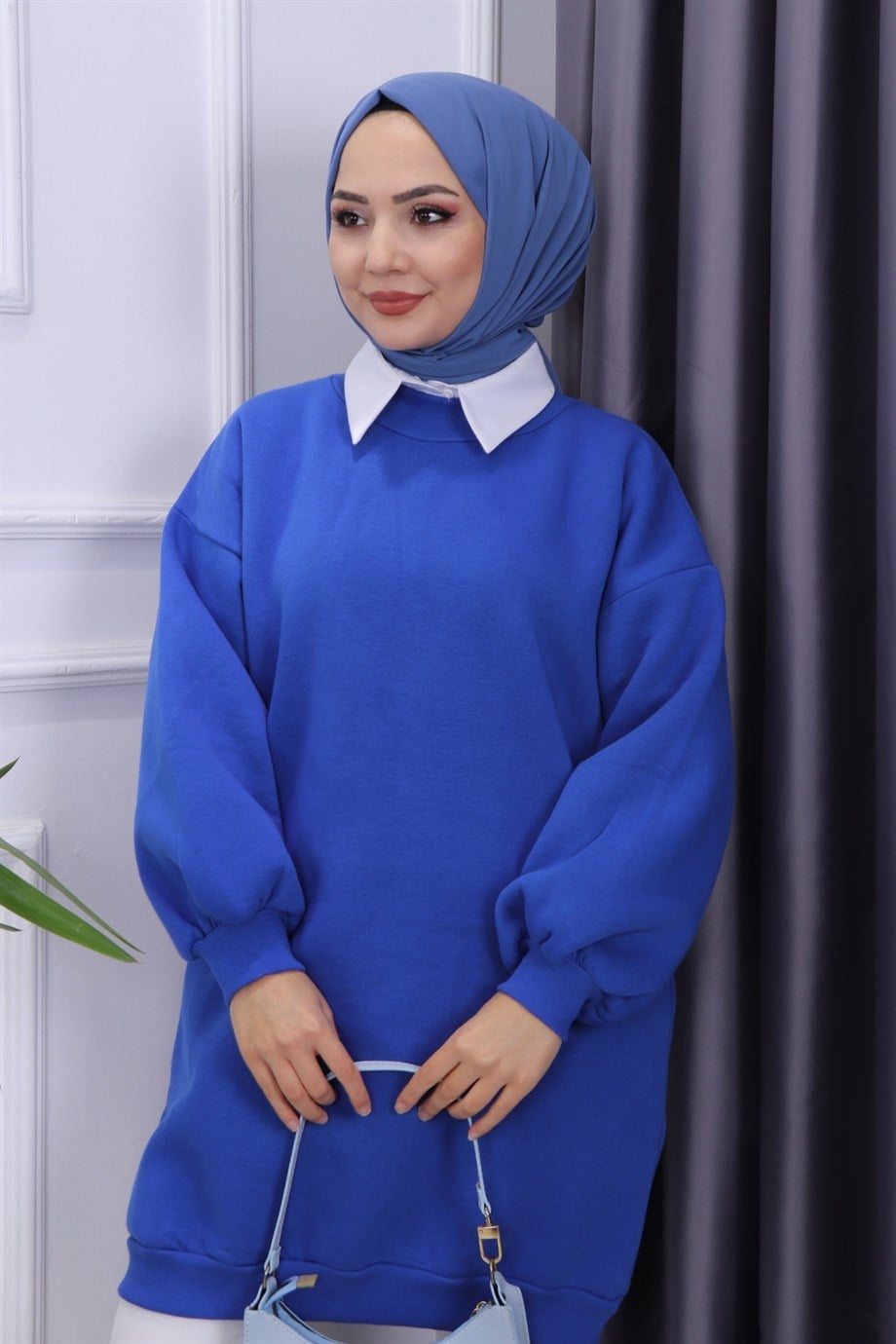 Üç İplik Balon Kol Tunik Saks