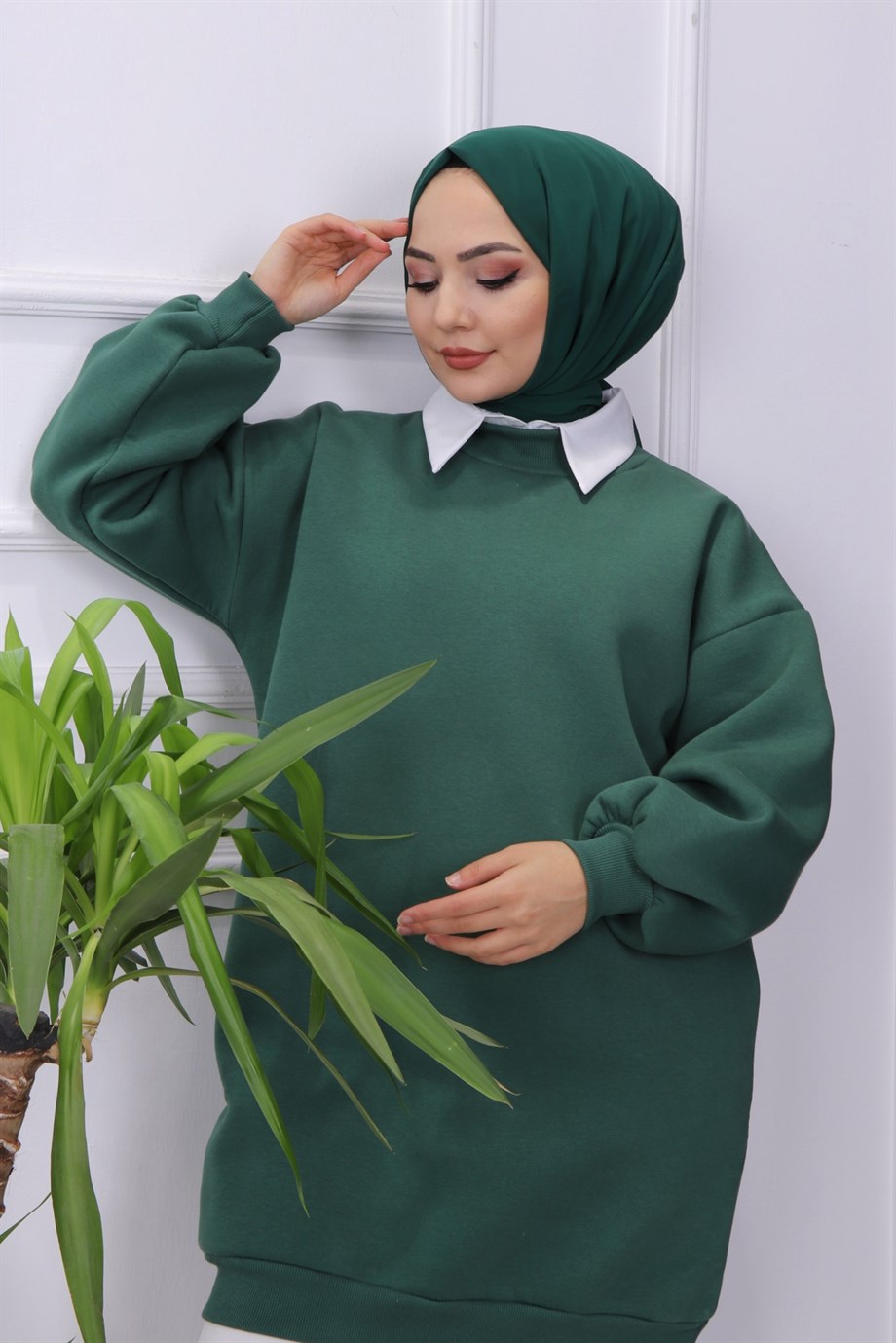 Üç İplik Balon Kol Tunik Yeşil