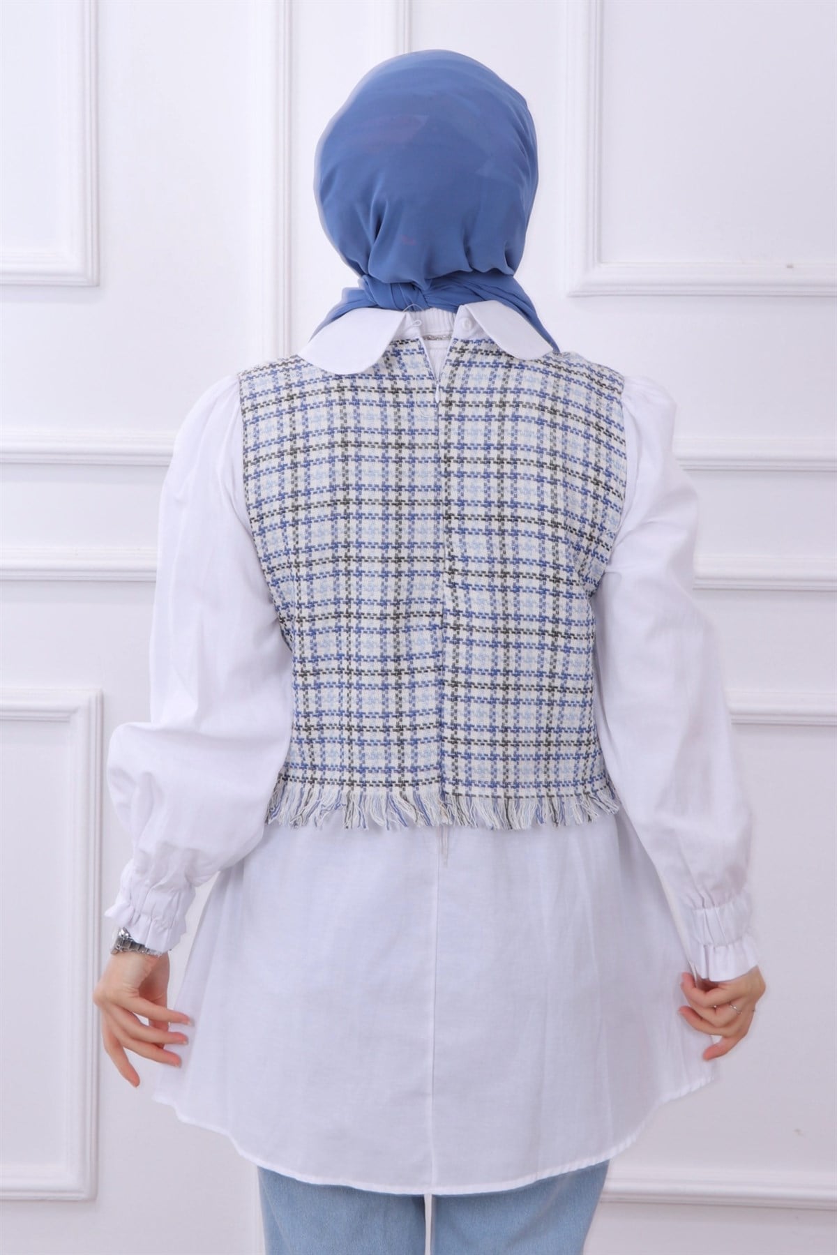Üstü Ekose Desen Altı Gömlek Tunik Mavi