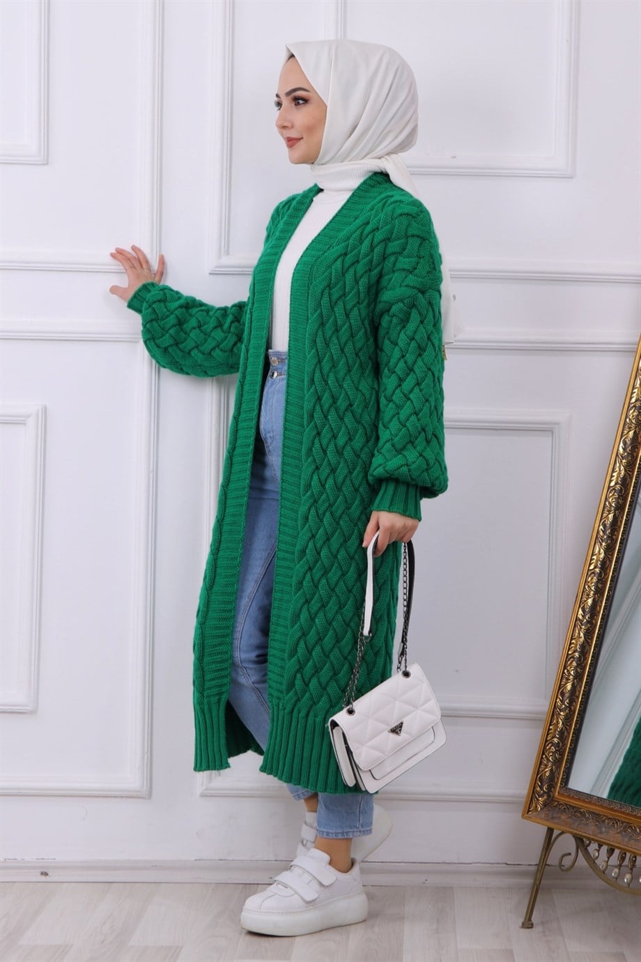 Uzun Triko Hırka Yeşil