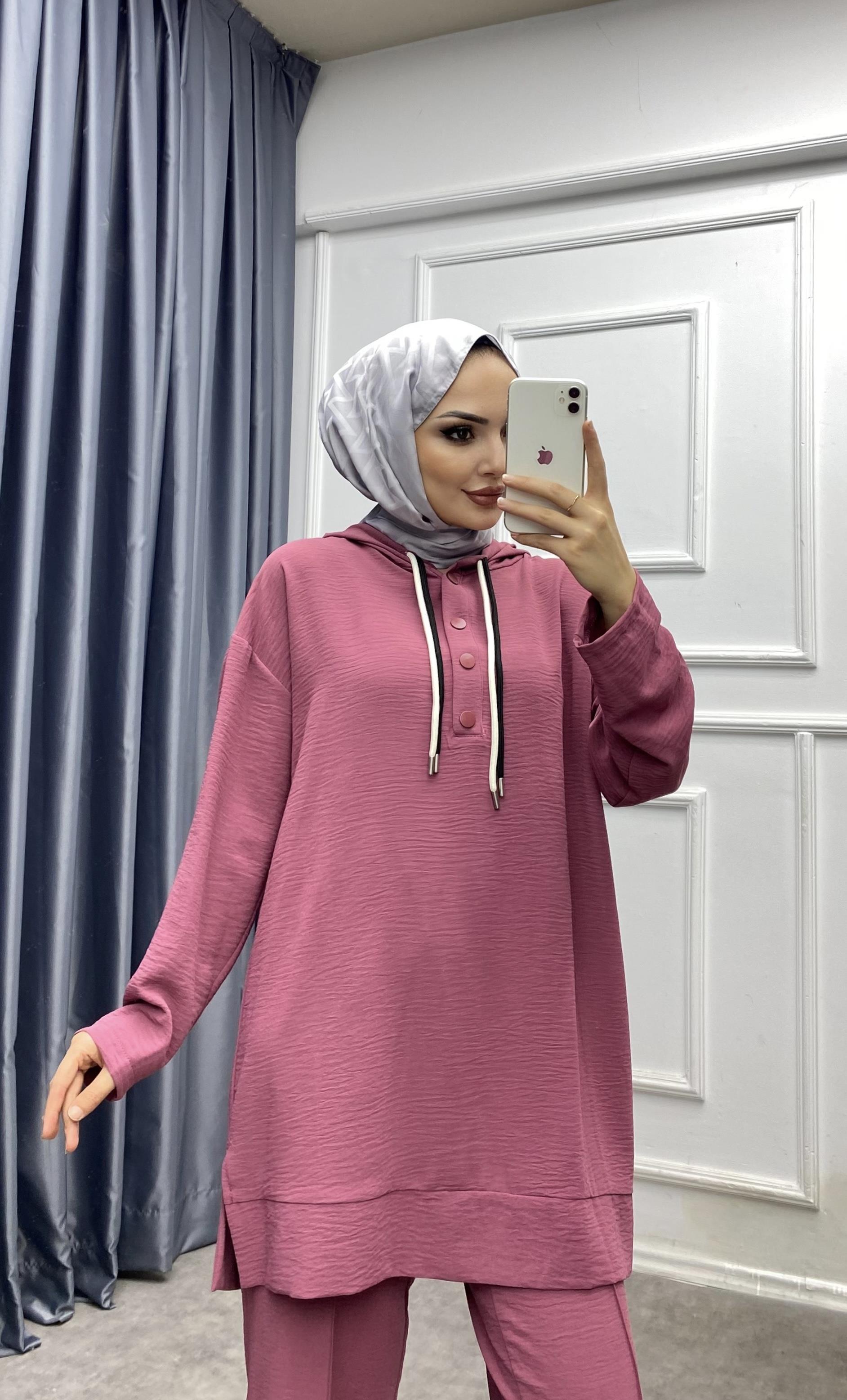 Yakası Çıtçıtlı Takım Gül Kurusu