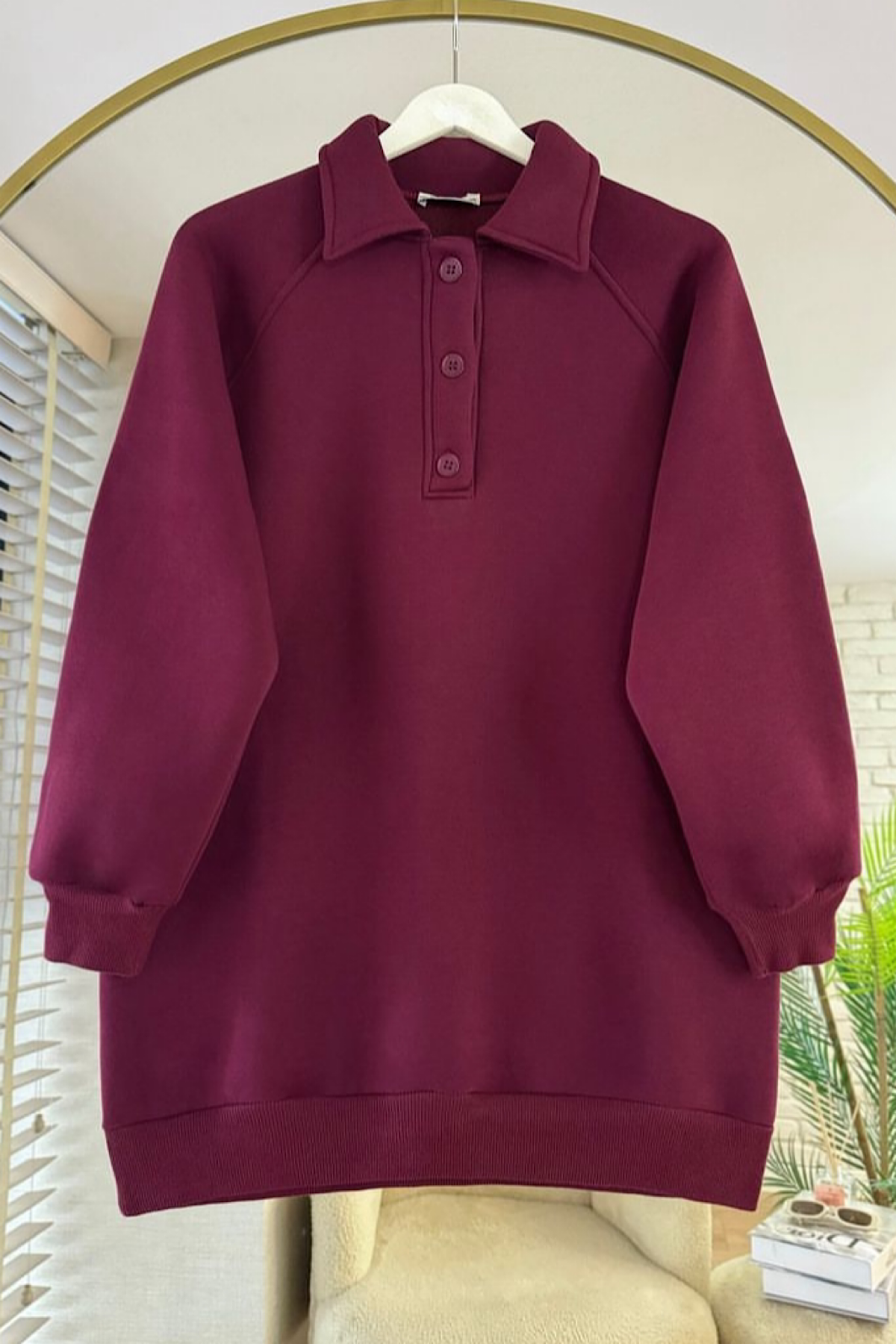 Yakası Düğme Üç İplik Sweat Bordo