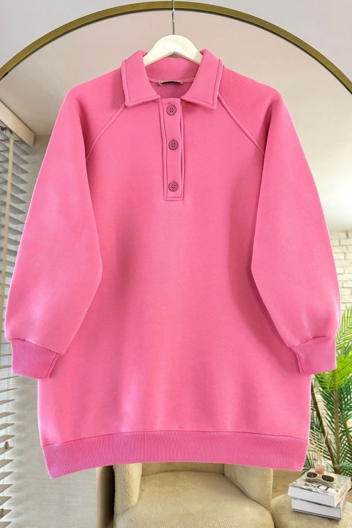Yakası Düğme Üç İplik Sweat Pembe