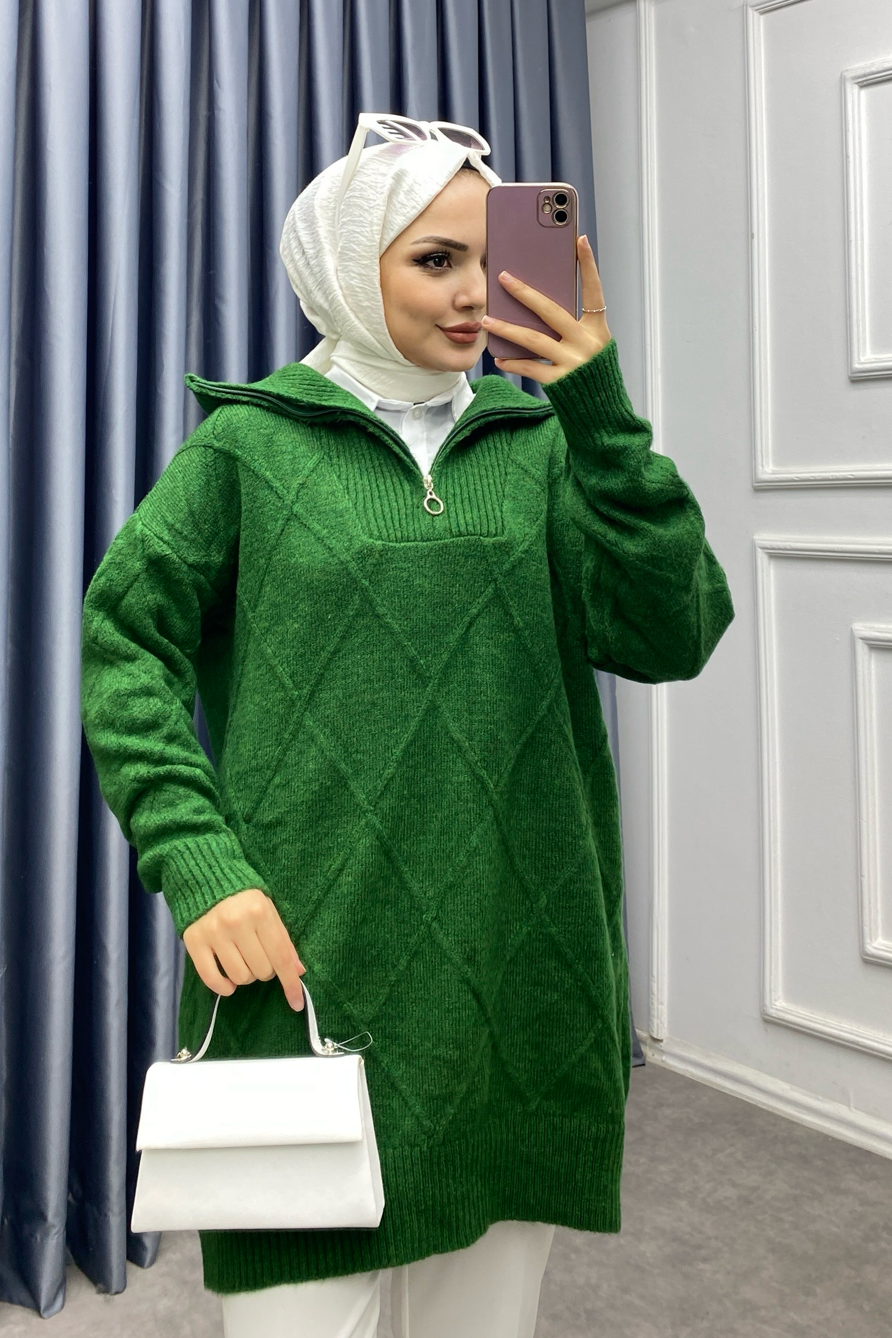 Yakası Fermuarlı Baklava Desen Tunik Yeşil