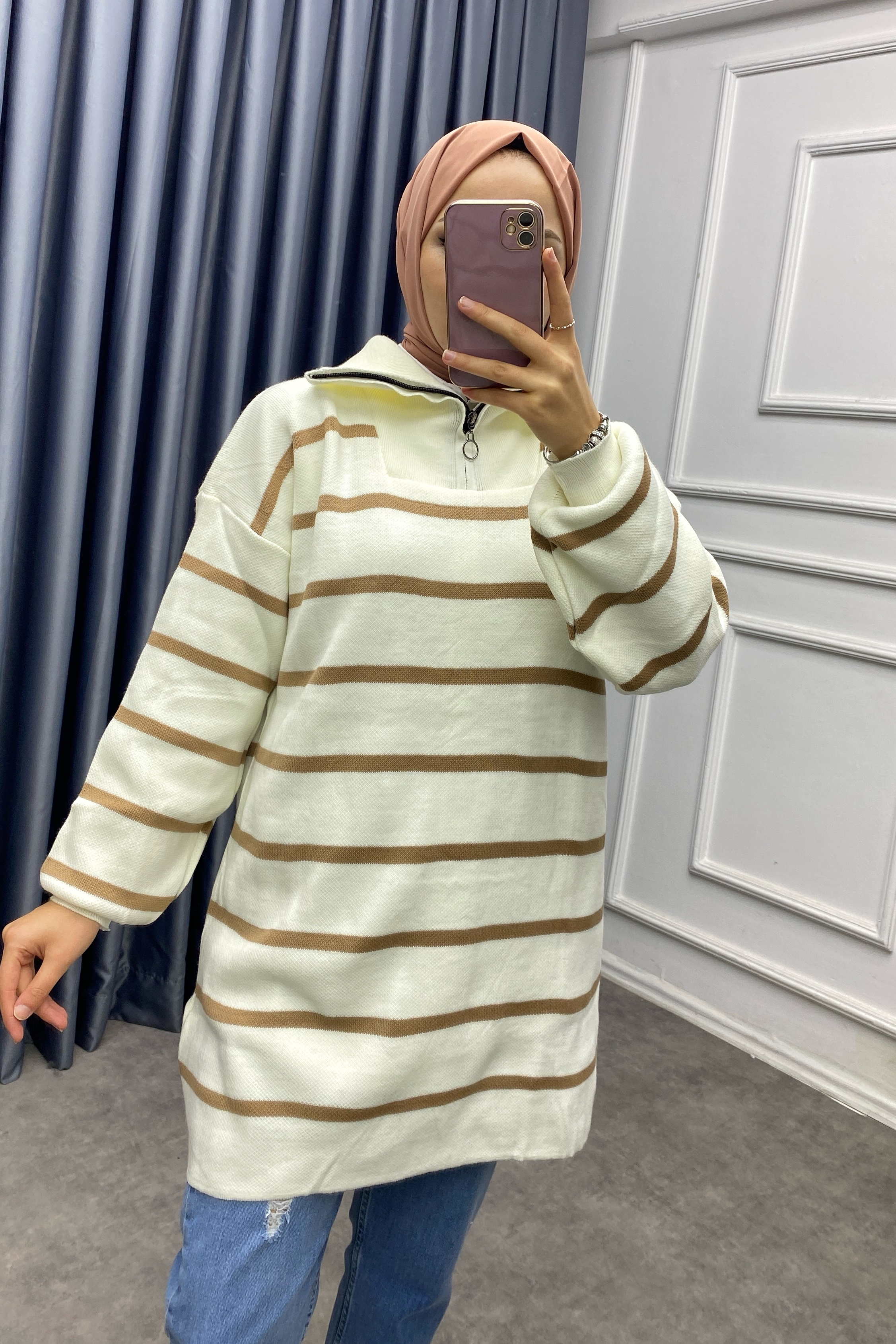 Yakası Fermuarlı Camel Çizgili Tunik