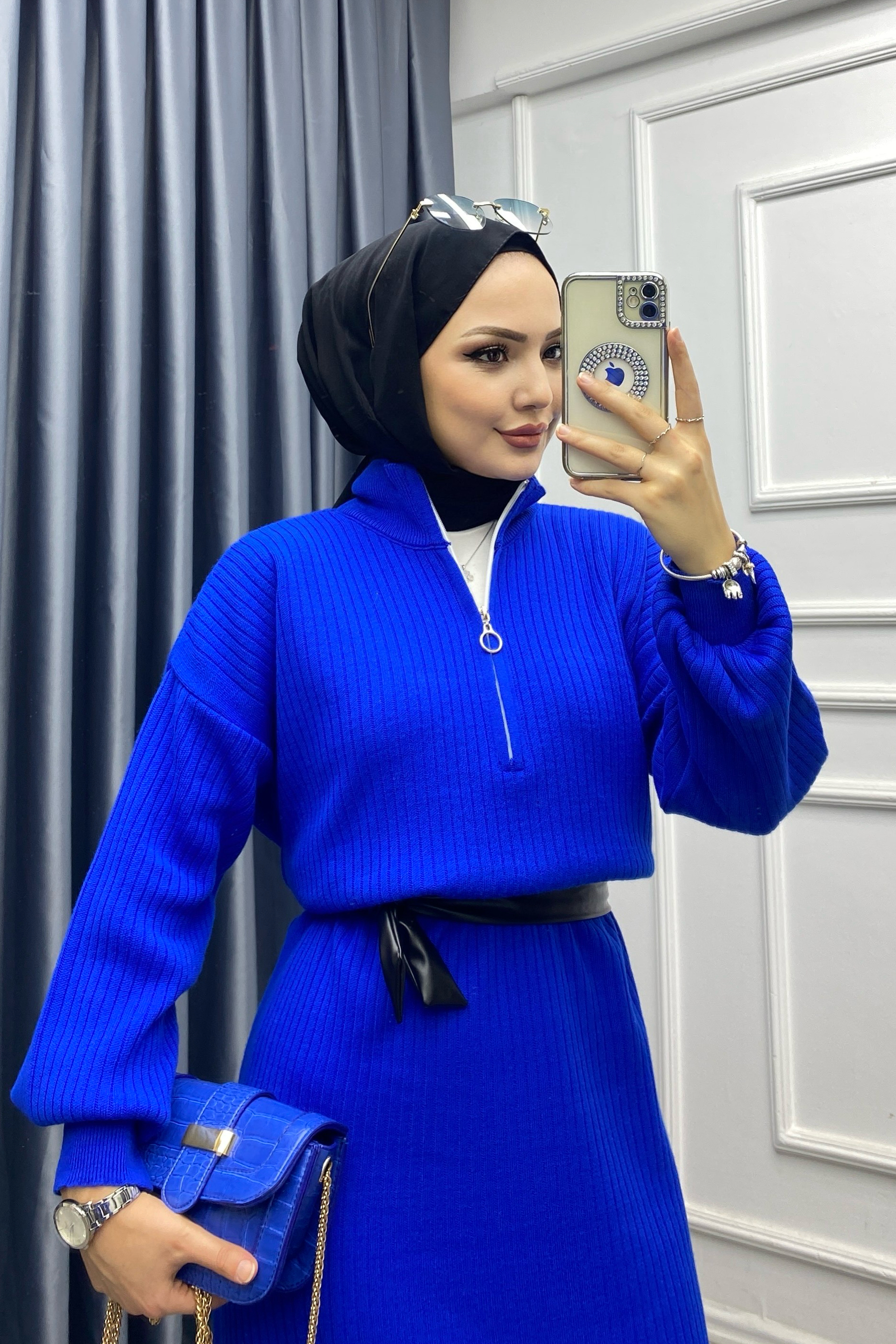 Yakası Fermuarlı Elbise Mavi