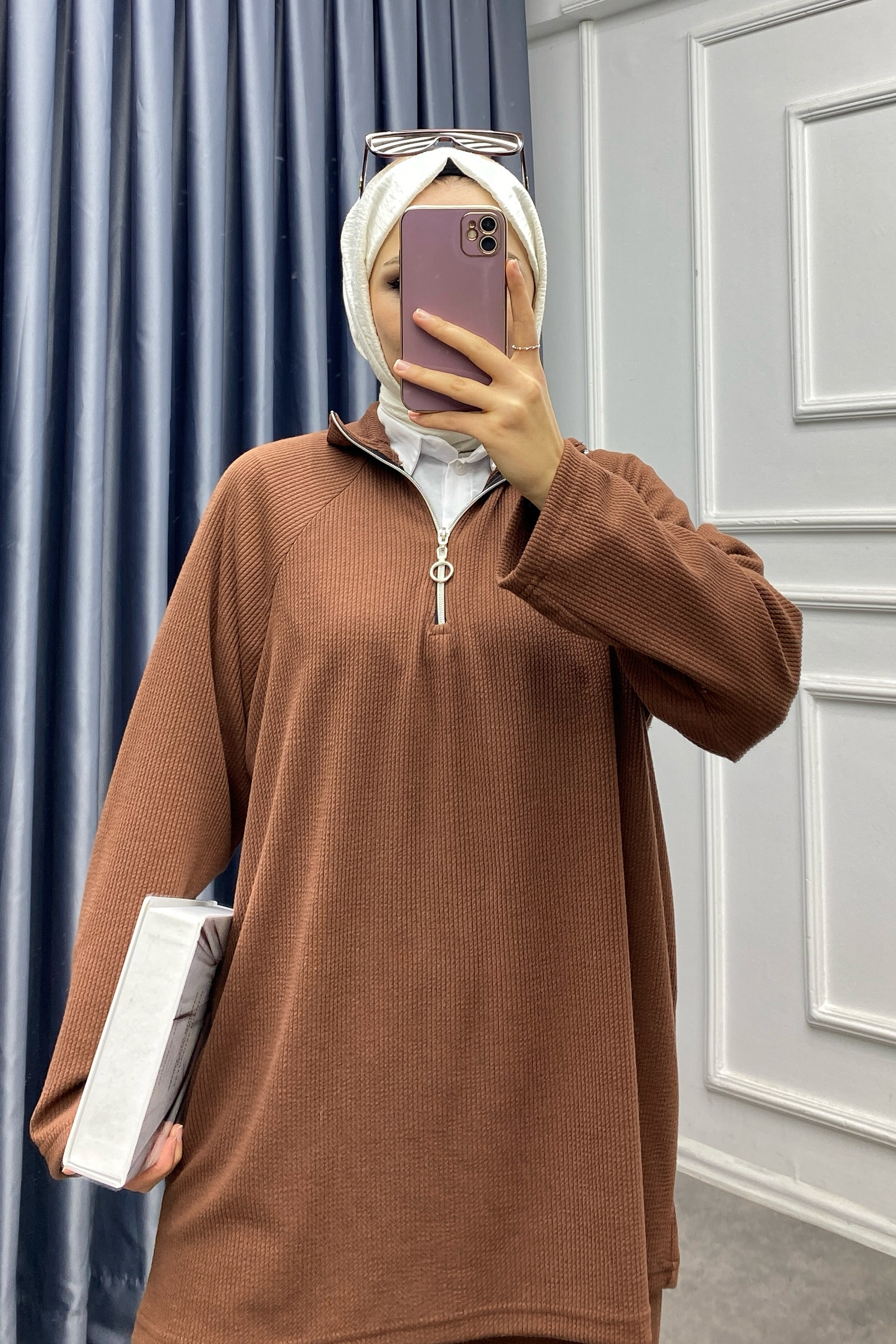 Yakası Fermuarlı İkili Takım Kahverengi