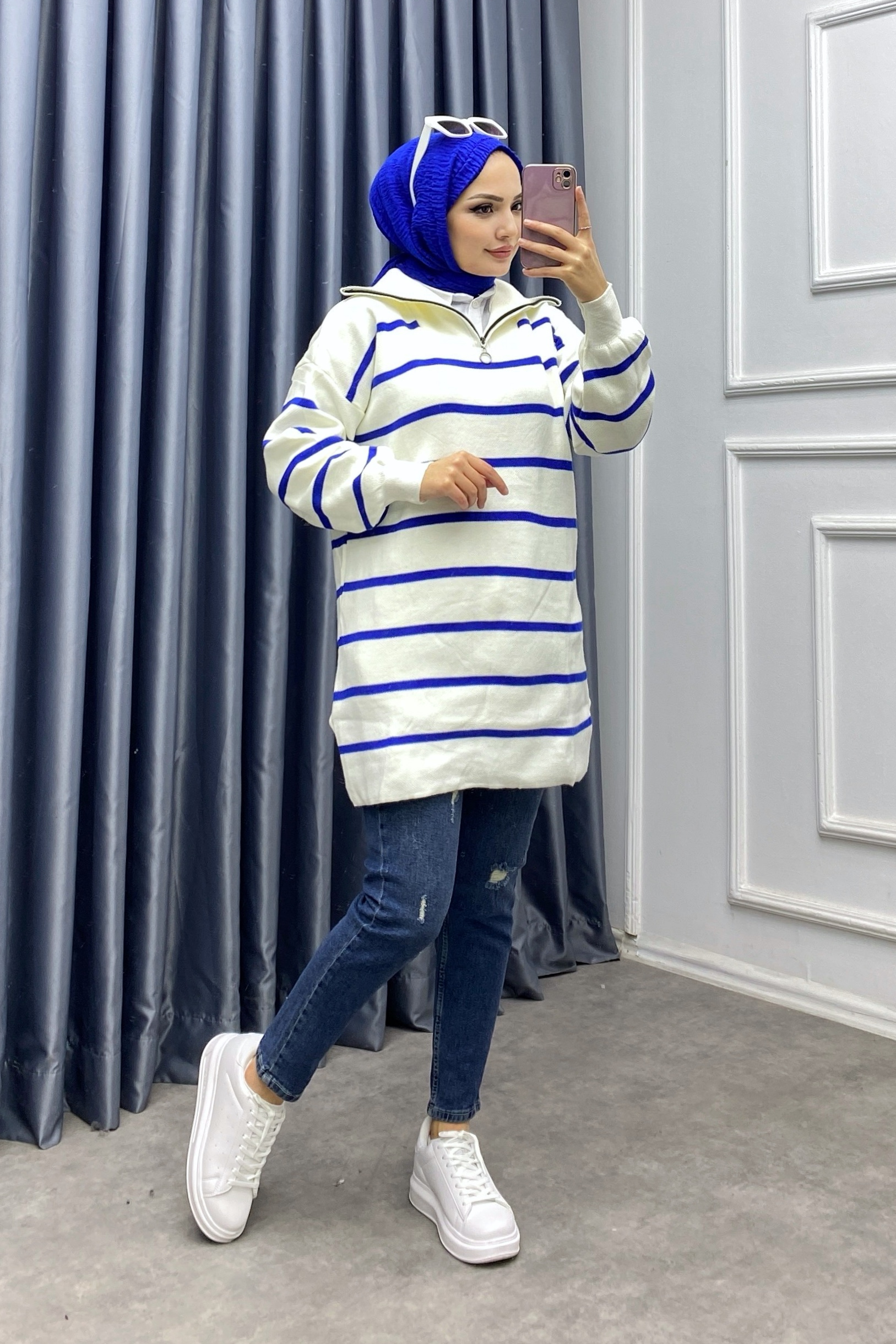 Yakası Fermuarlı Mavi Çizgili Tunik