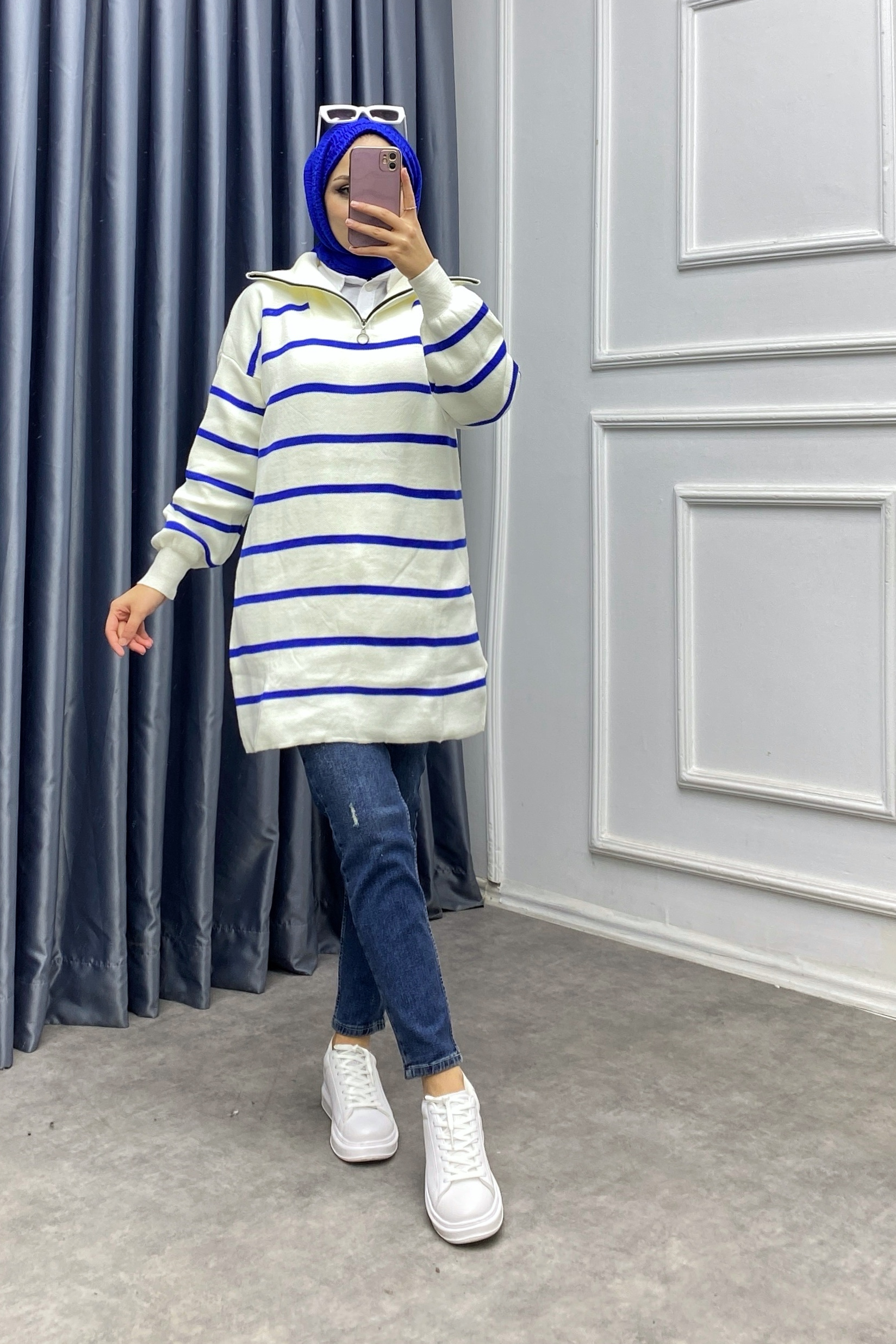 Yakası Fermuarlı Mavi Çizgili Tunik