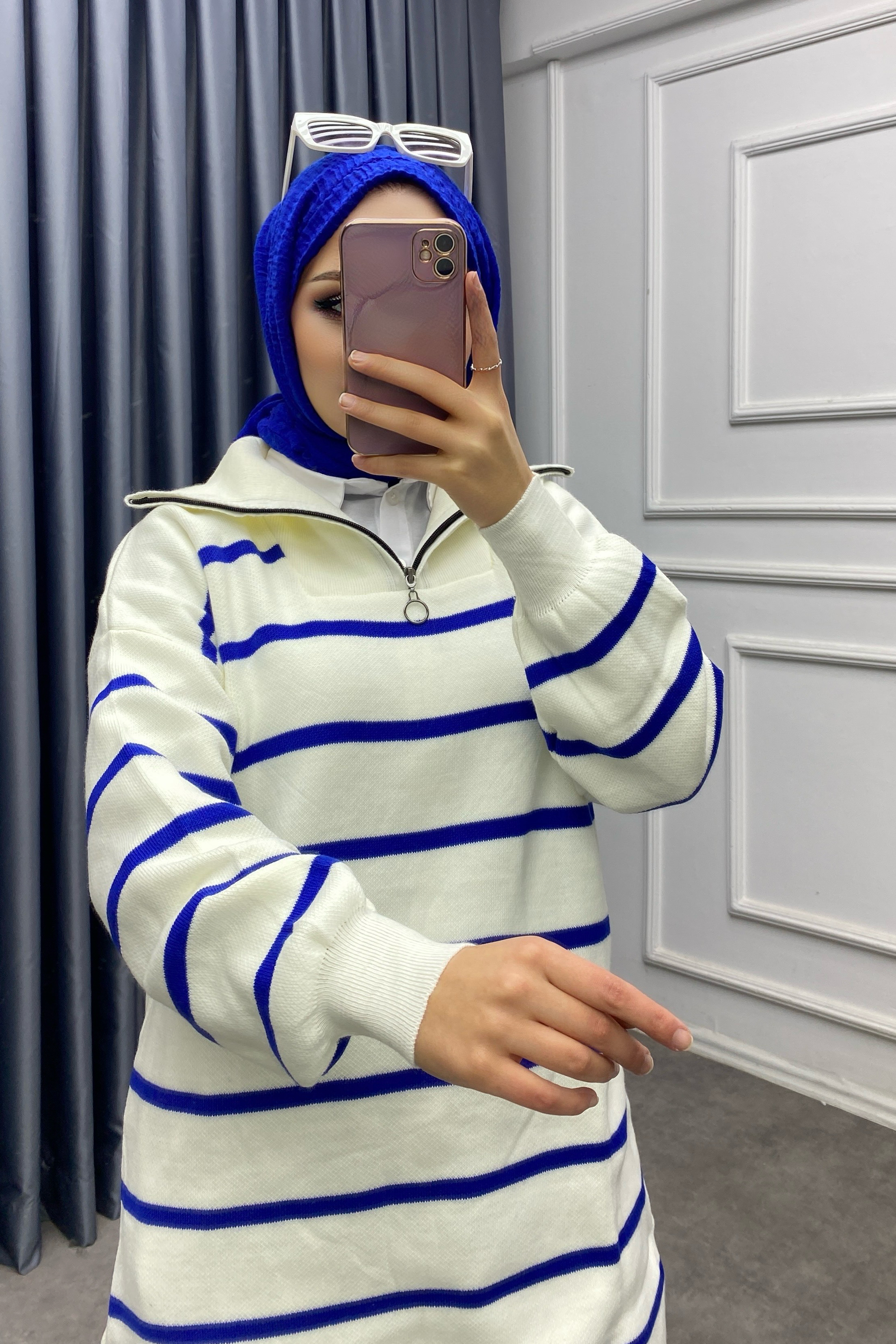 Yakası Fermuarlı Mavi Çizgili Tunik