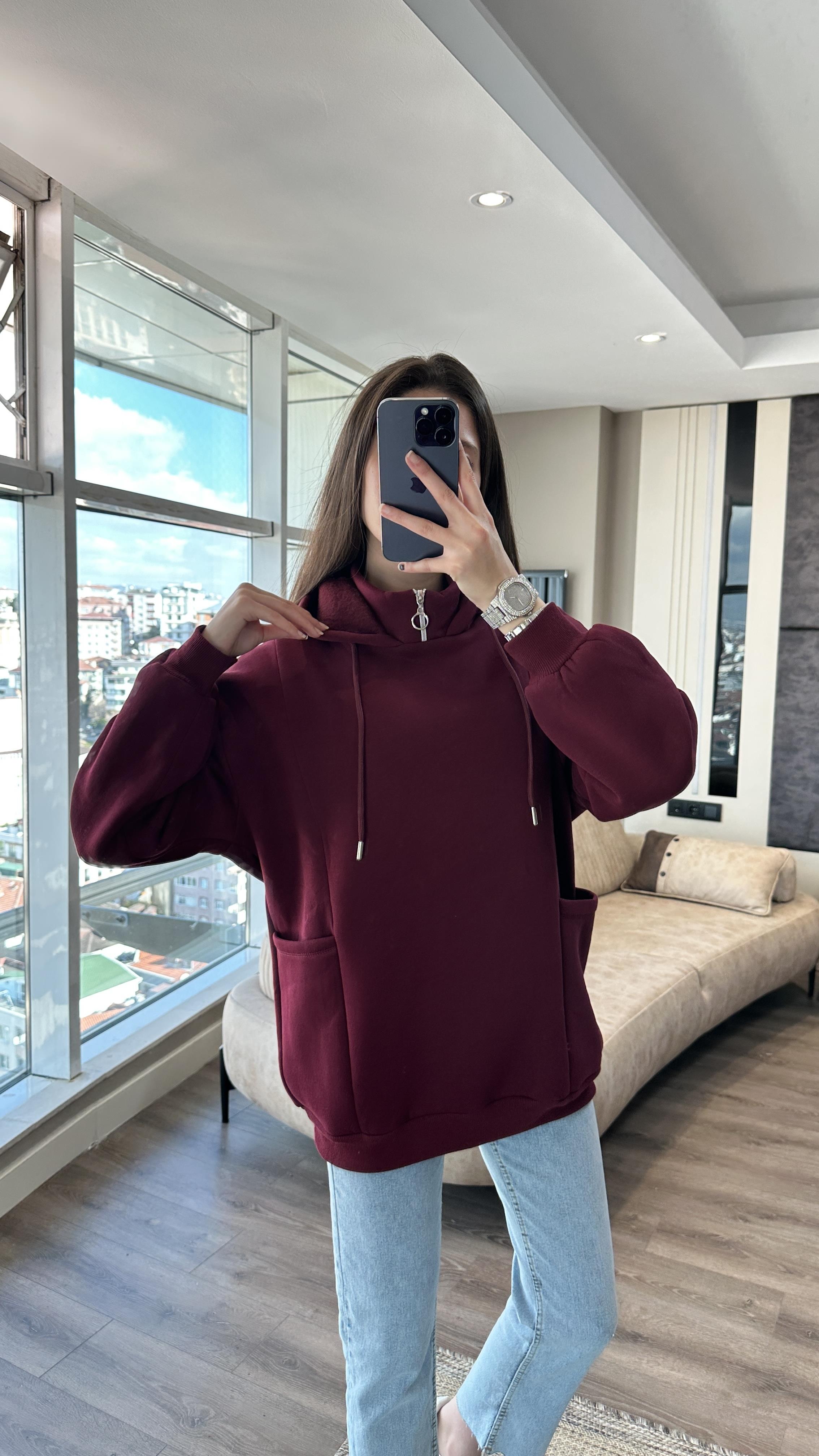 Yakası Fermuarlı Torba Cep Bordo
