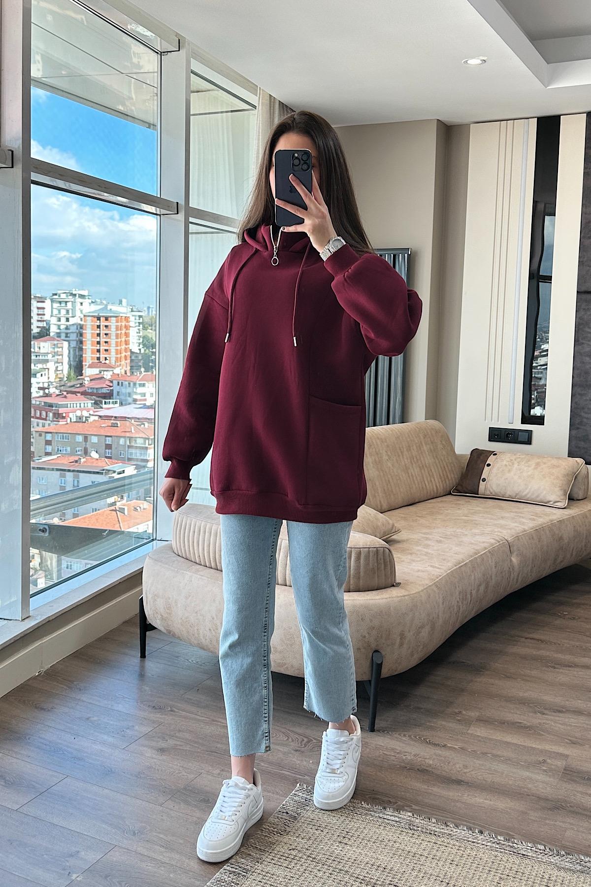 Yakası Fermuarlı Torba Cep Bordo
