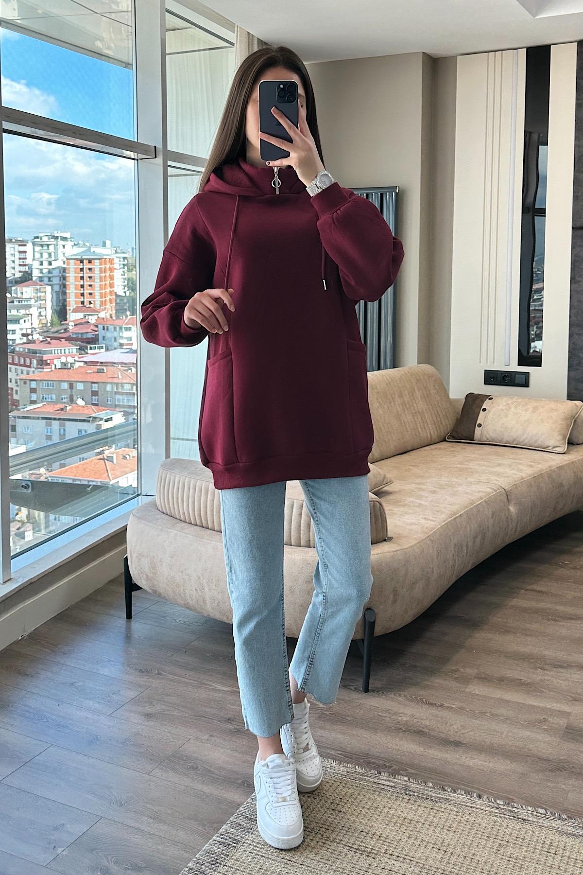 Yakası Fermuarlı Torba Cep Bordo