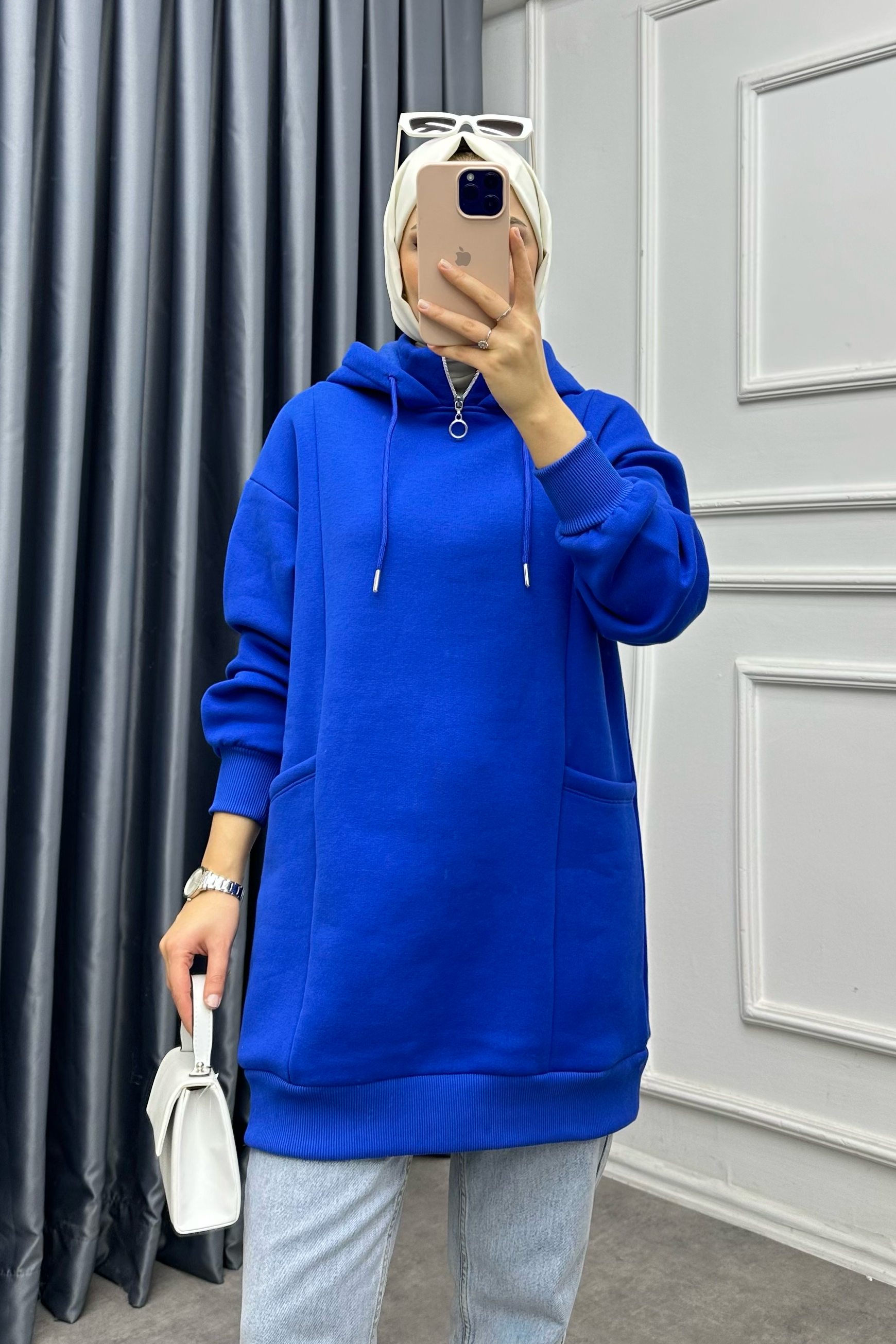 Yakası Fermuarlı Torba Cep Sweat Saks
