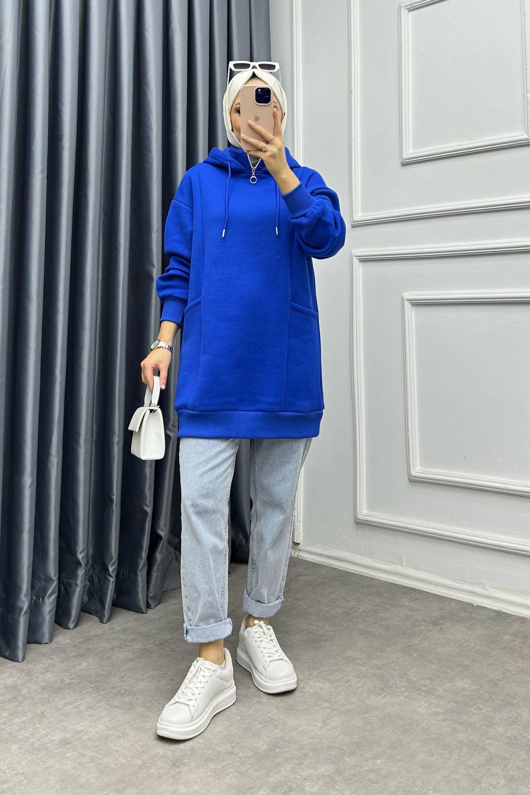 Yakası Fermuarlı Torba Cep Sweat Saks