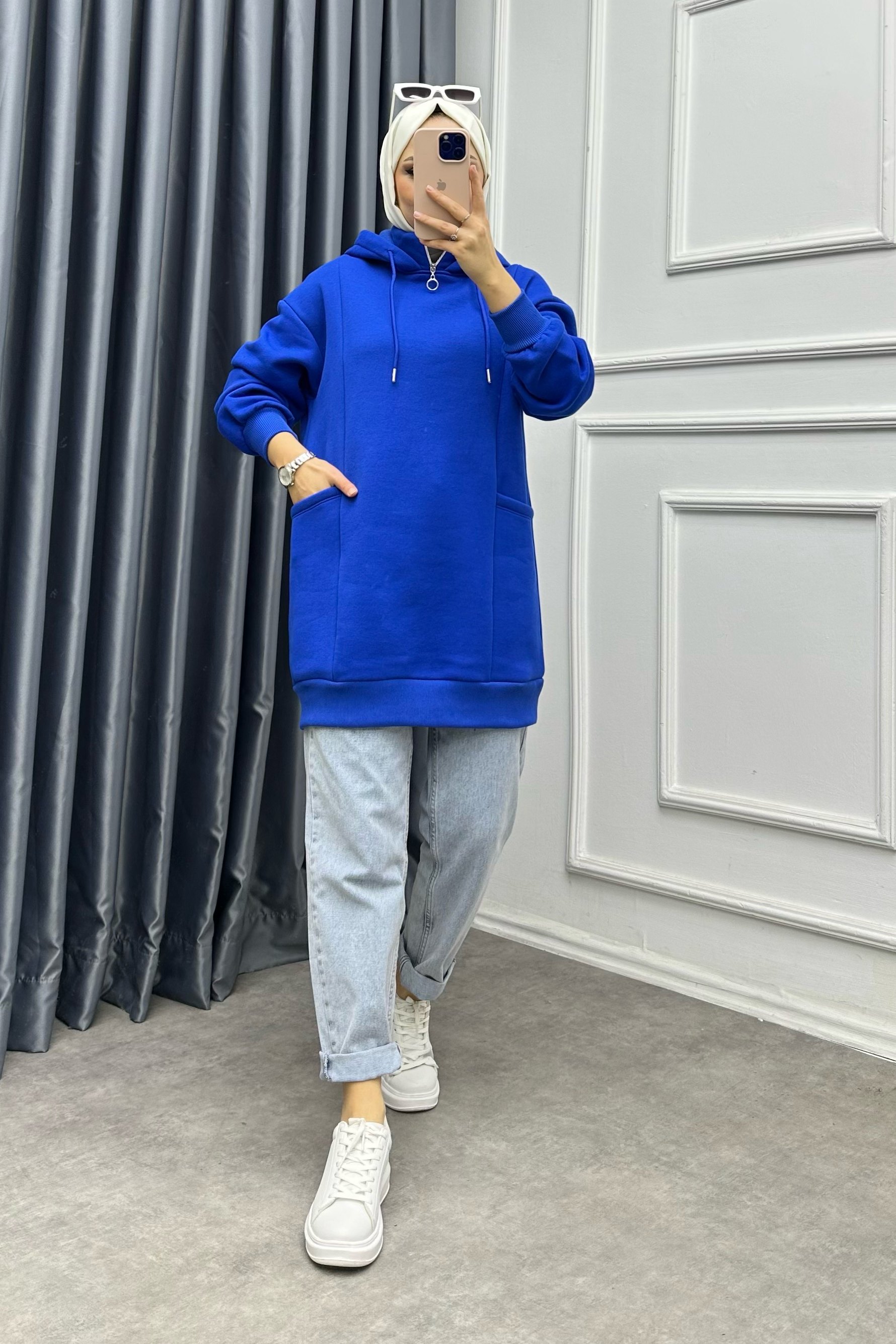 Yakası Fermuarlı Torba Cep Sweat Saks