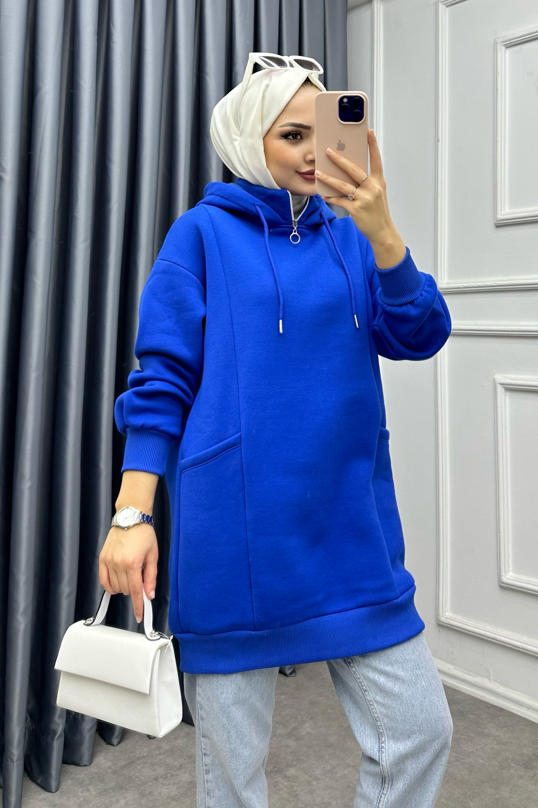 Yakası Fermuarlı Torba Cep Sweat Saks