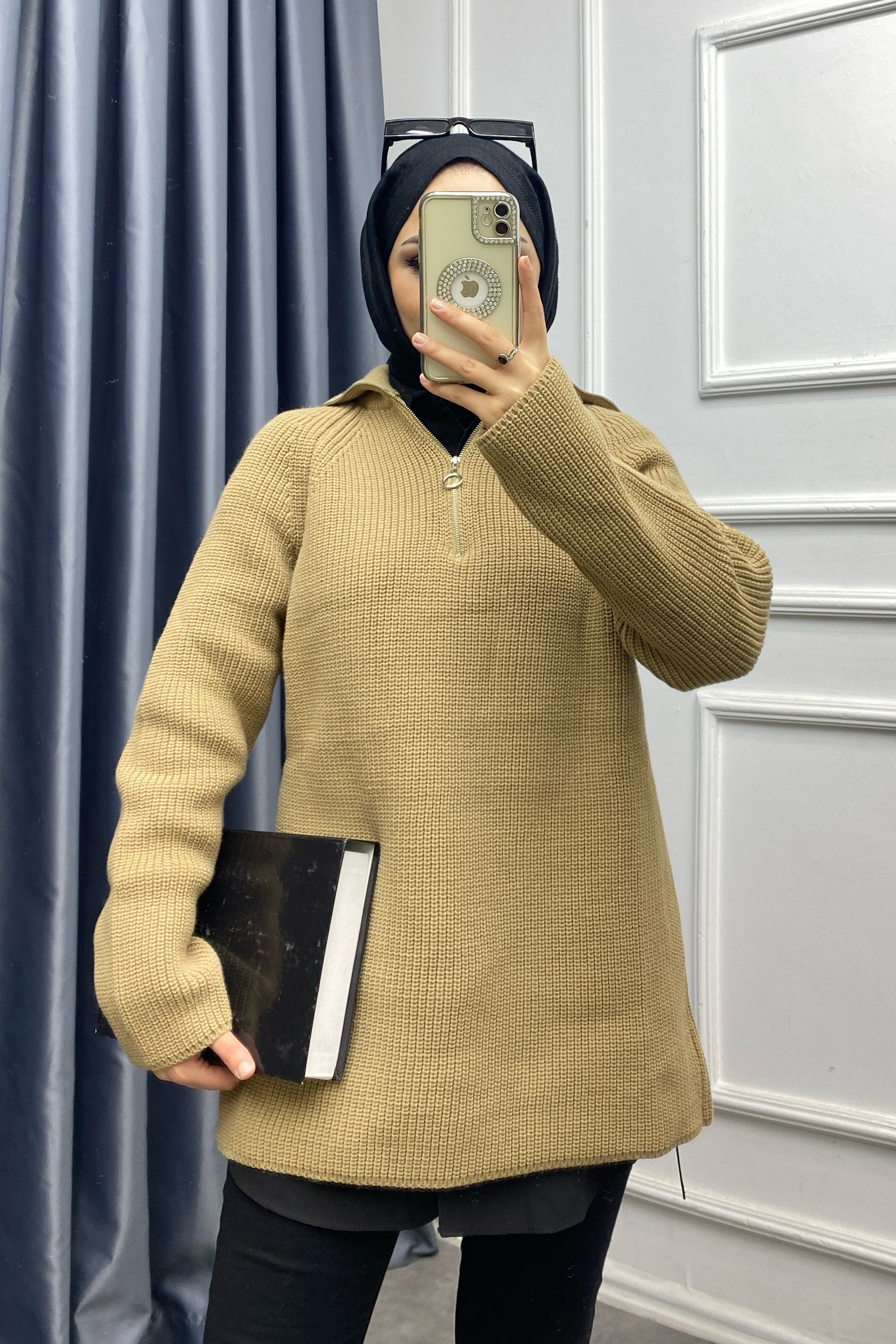 Yakası Fermuarlı Triko Tunik Camel