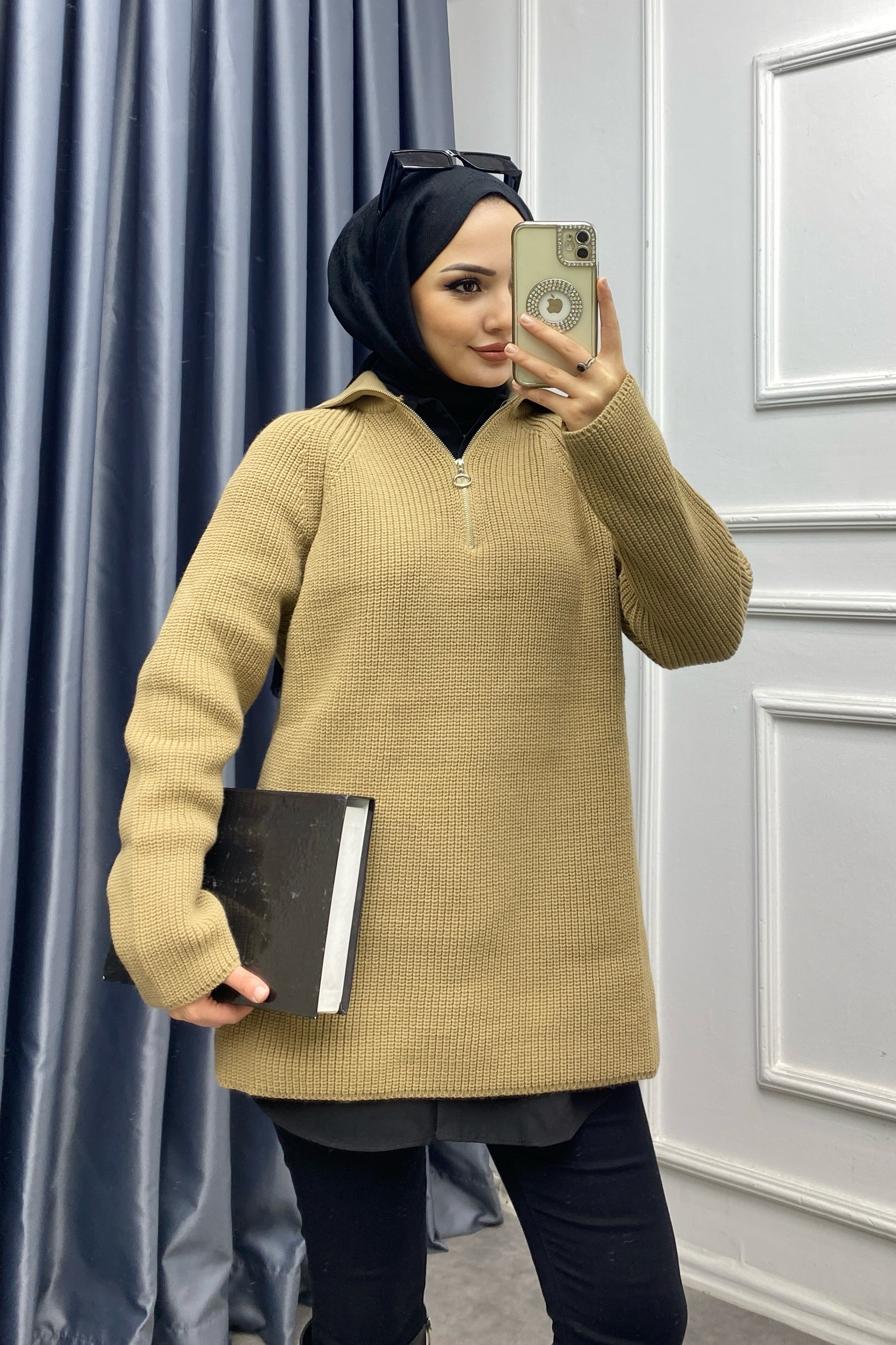 Yakası Fermuarlı Triko Tunik Camel