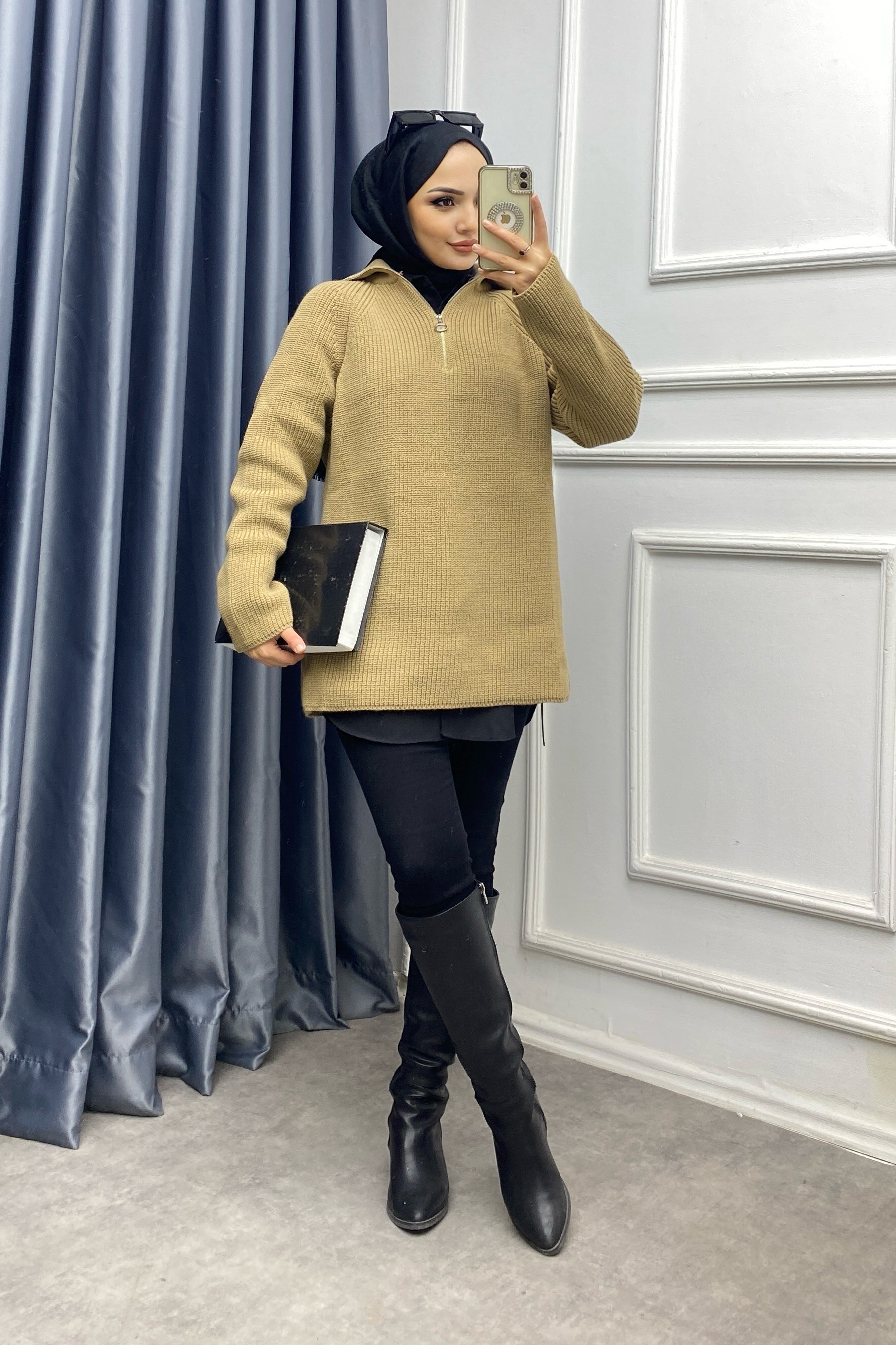 Yakası Fermuarlı Triko Tunik Camel