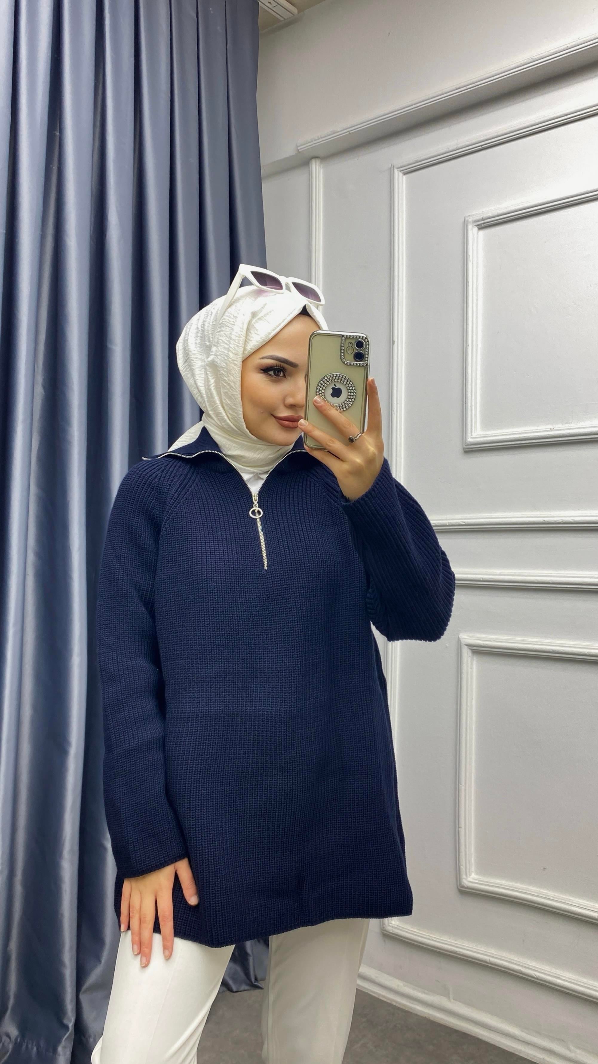 Yakası Fermuarlı Triko Tunik Lacivert