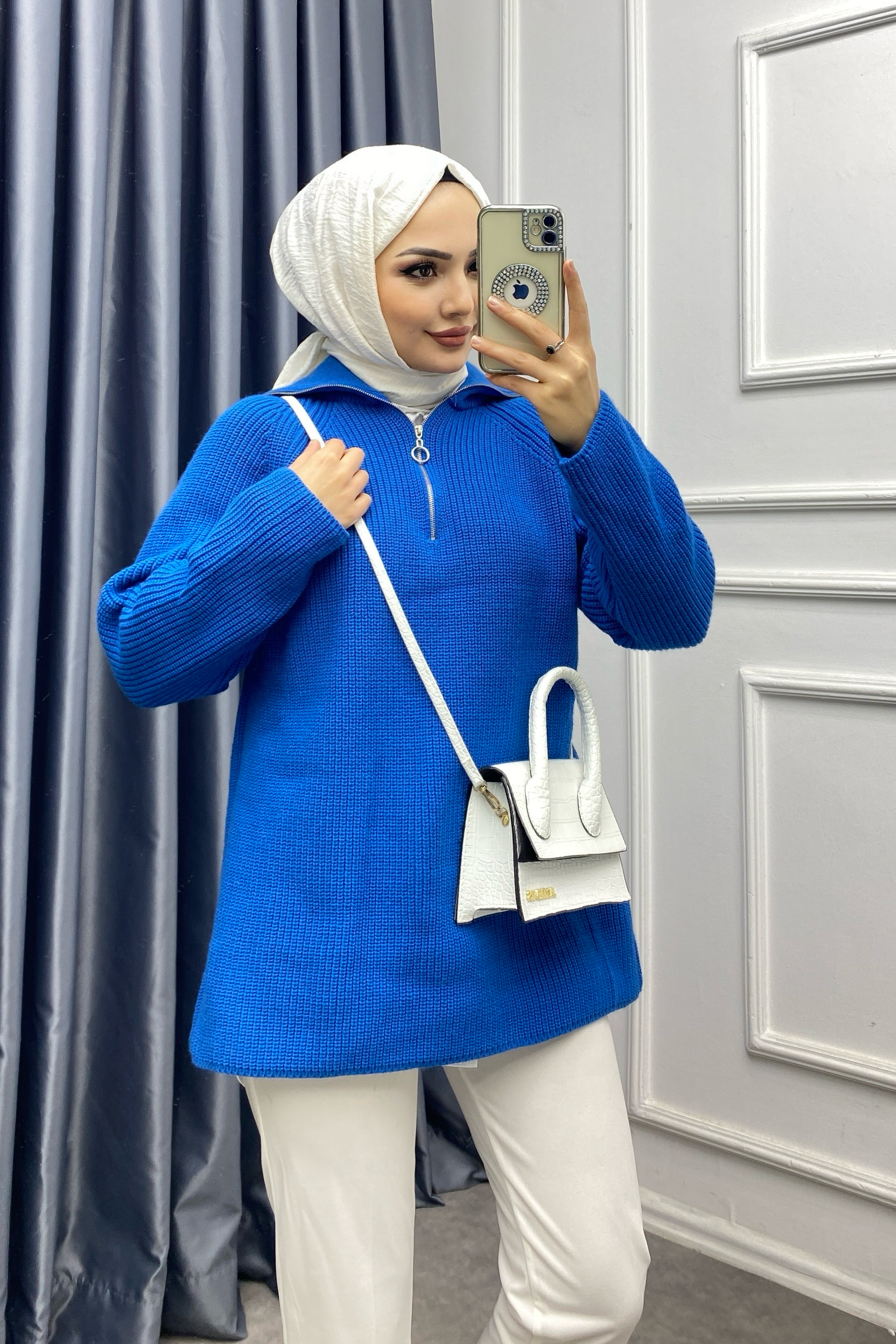 Yakası Fermuarlı Triko Tunik Mavi