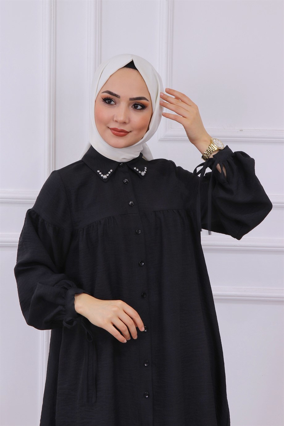 Yakası Taşlı Robalı Tunik  Siyah
