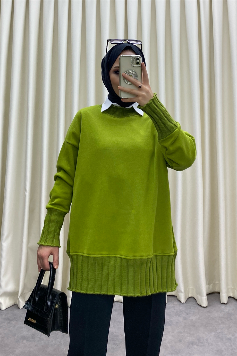 Yakası Triko Sweat Yağ Yeşili
