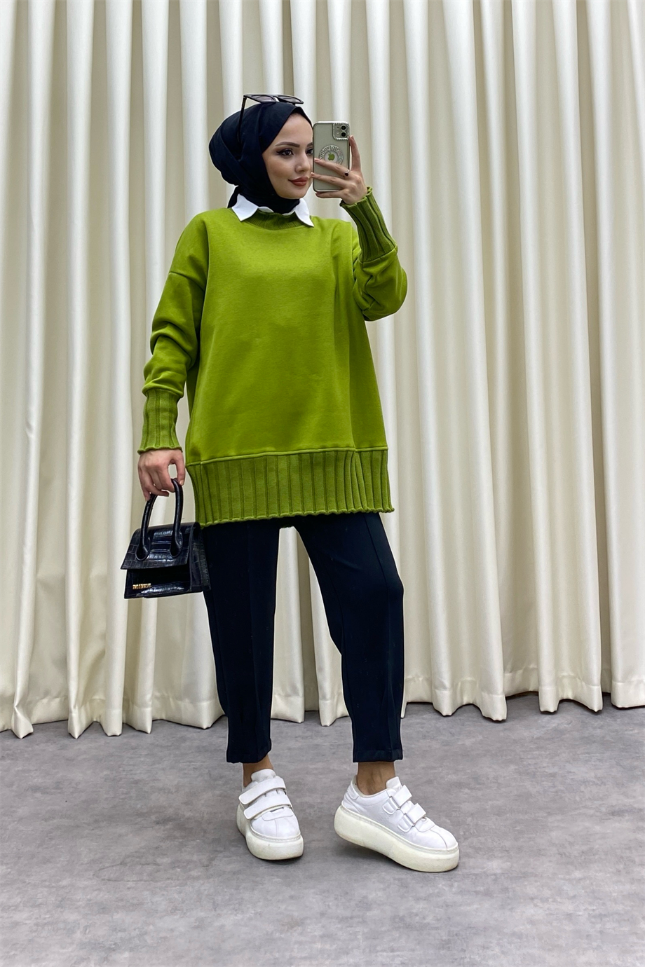 Yakası Triko Sweat Yağ Yeşili