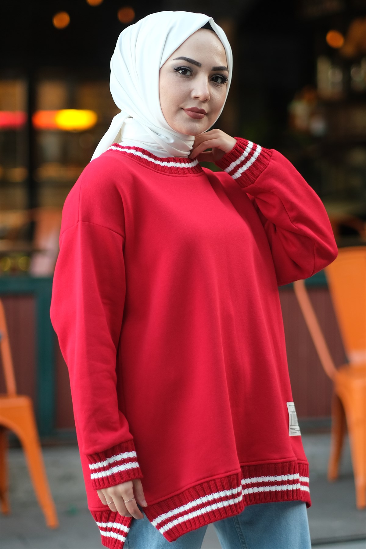 Yakası Ve Kolu Çizgili Üç İplik Tunik Kırmızı