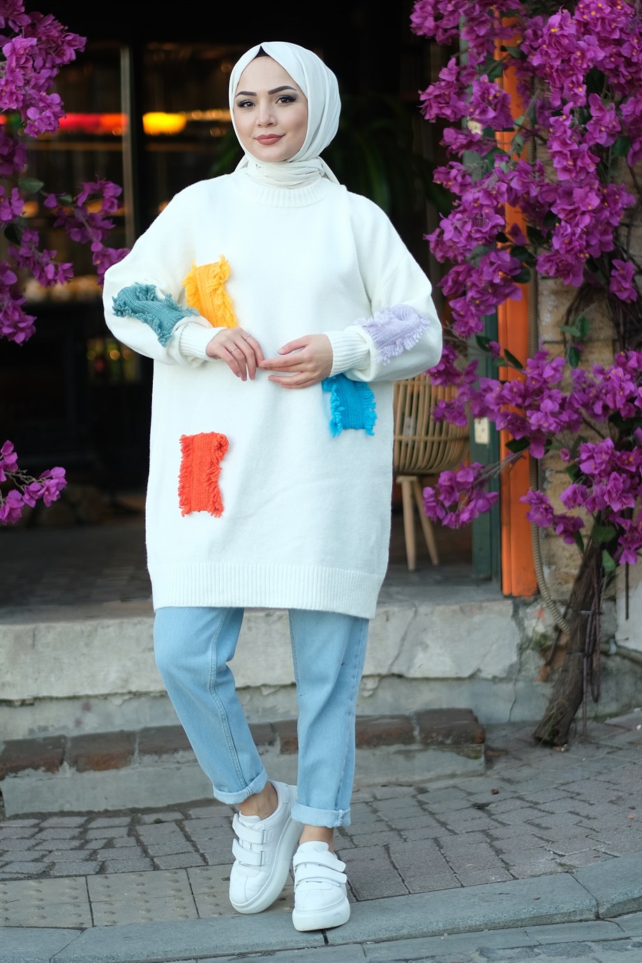 Yamalı Triko Tunik Beyaz