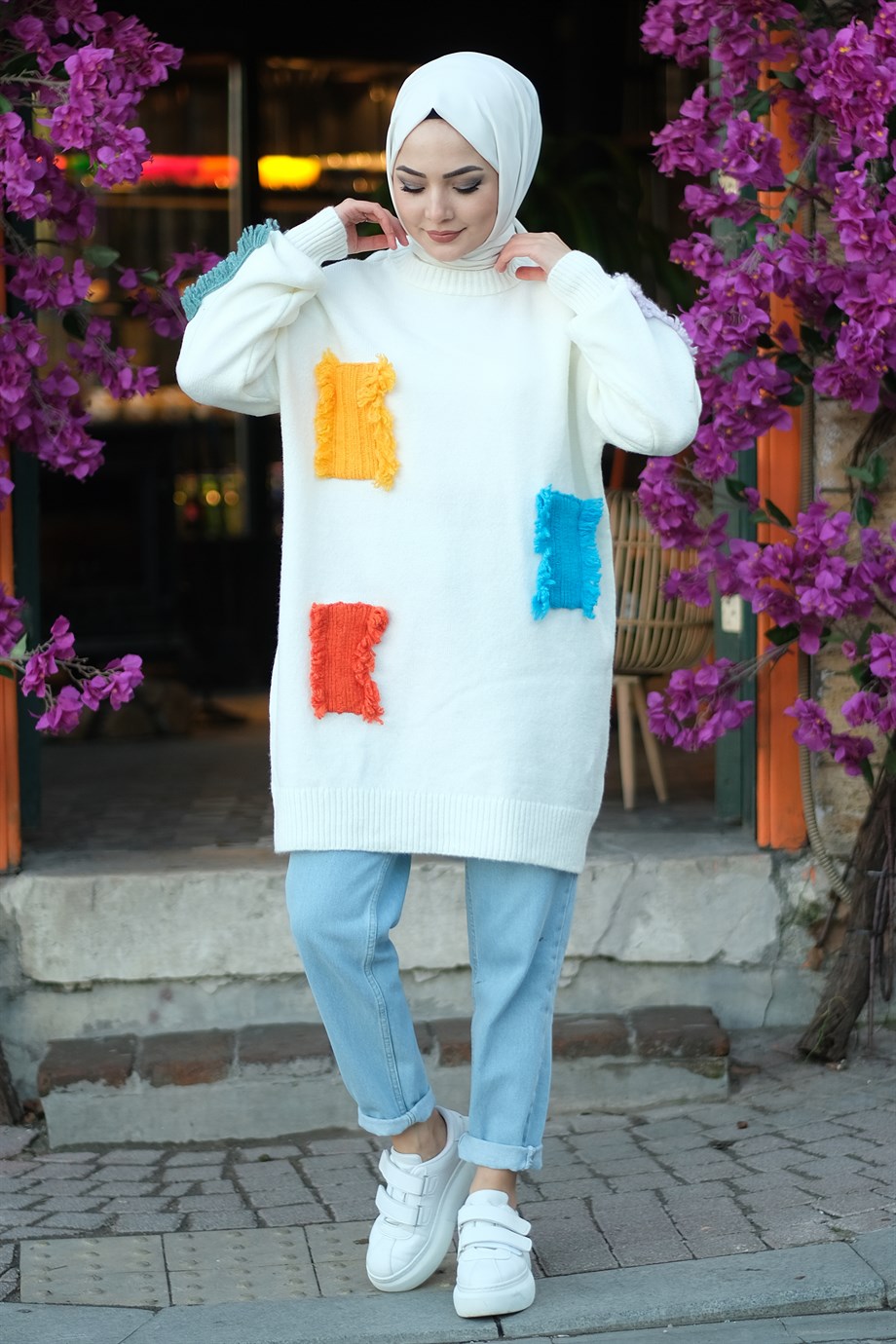 Yamalı Triko Tunik Beyaz