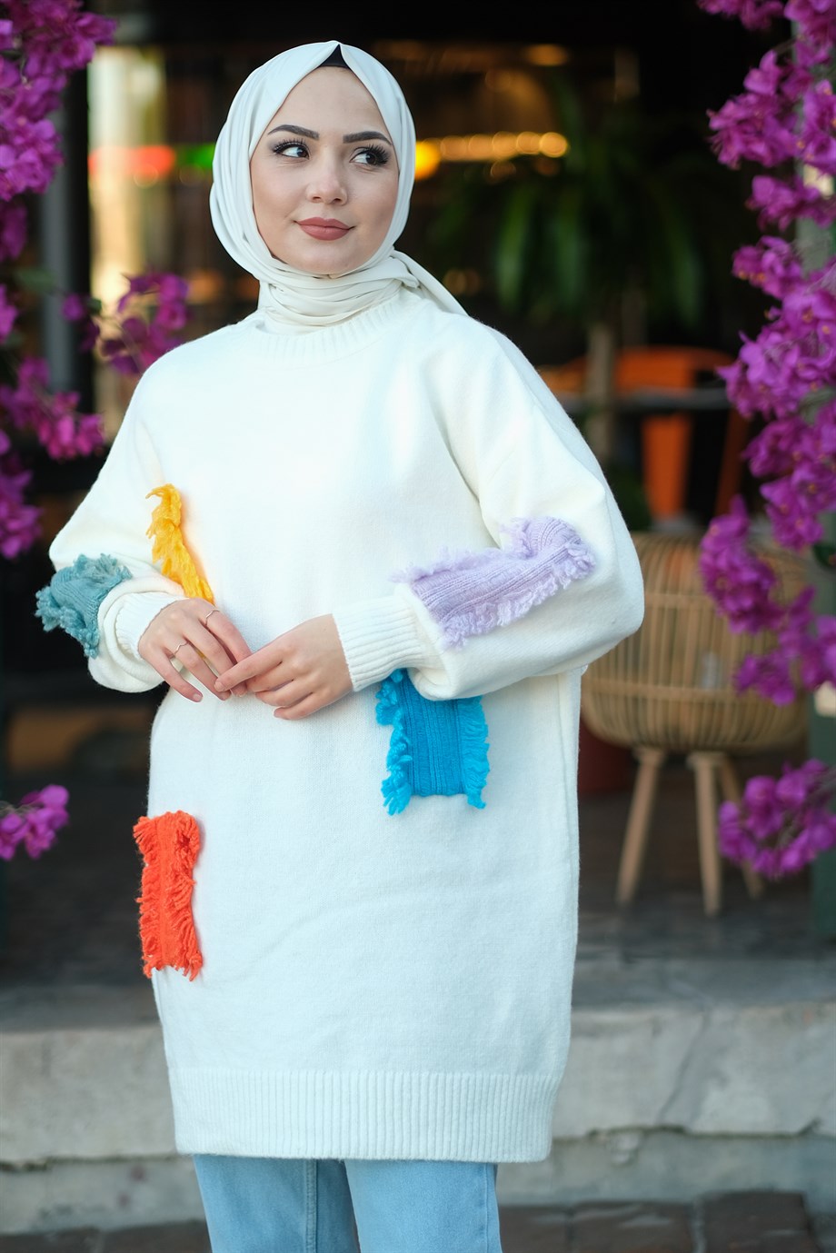 Yamalı Triko Tunik Beyaz