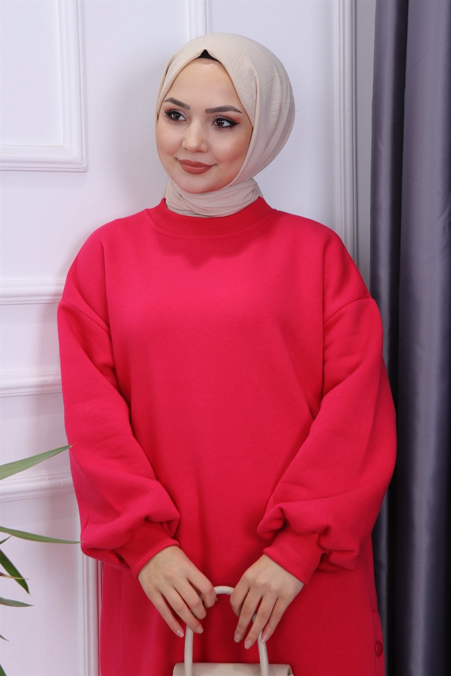 Yanı Çıtçıtlı Elbise Fuşya
