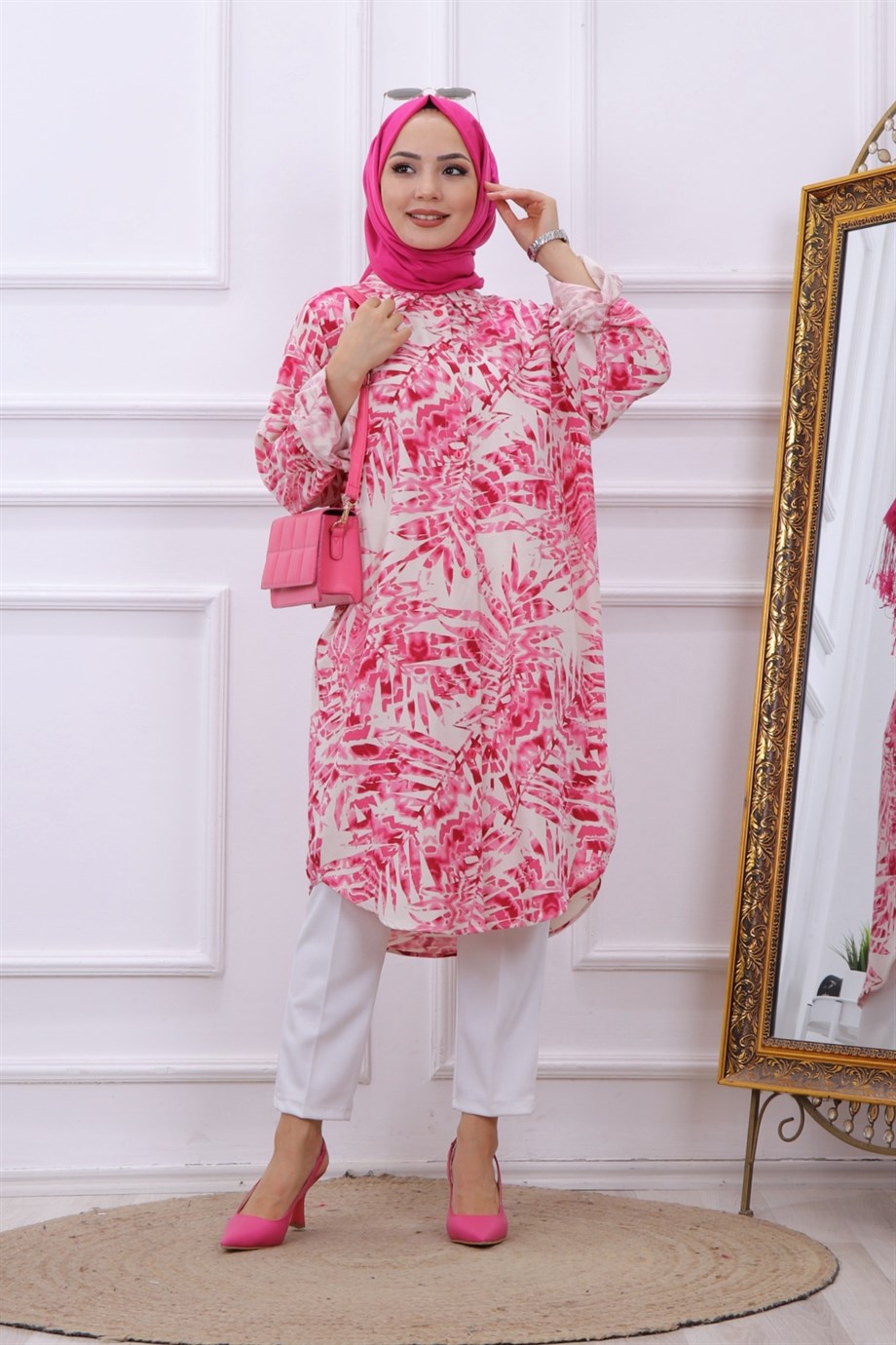 Yaprak Desen Tunik Pembe