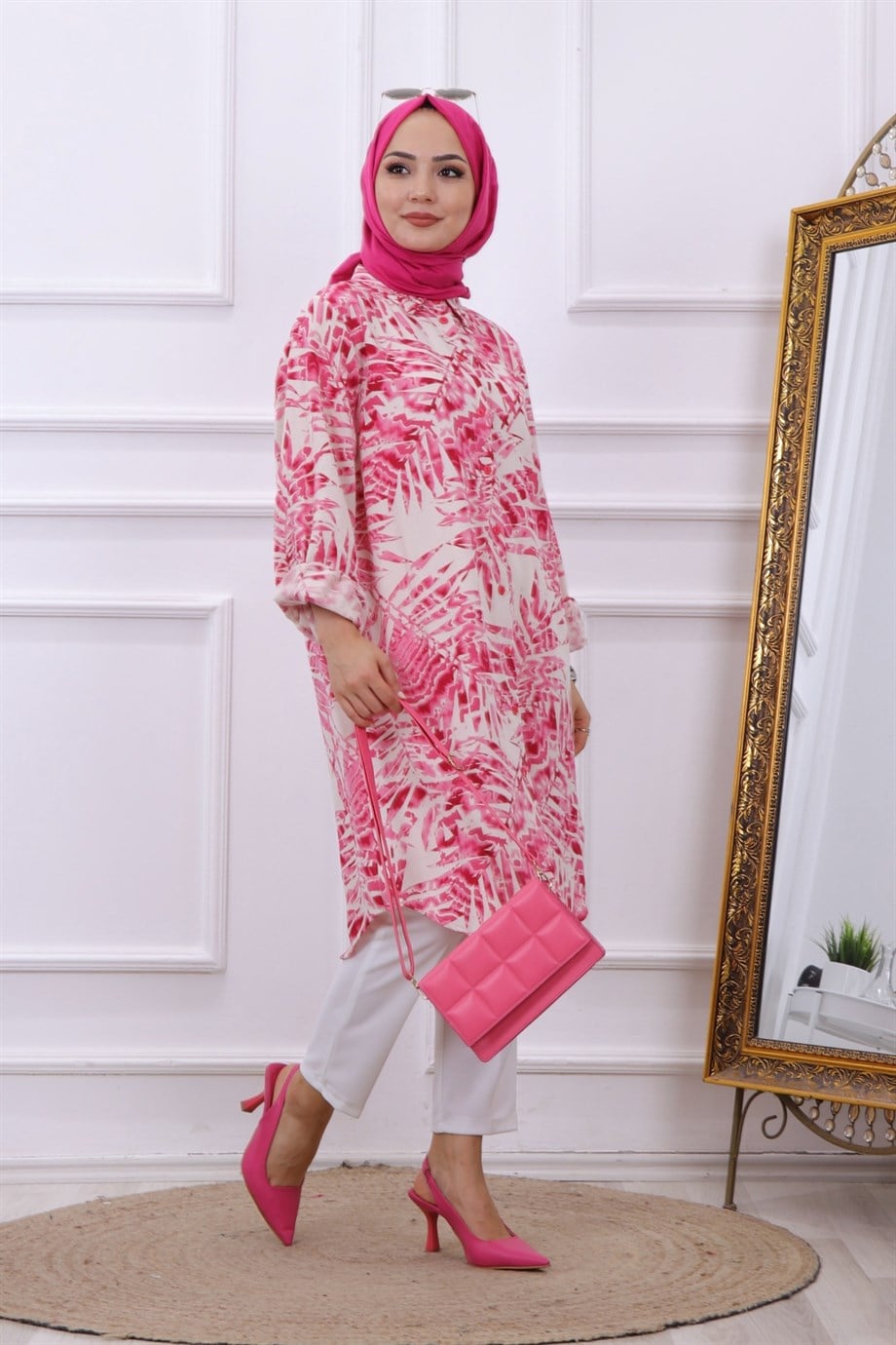 Yaprak Desen Tunik Pembe