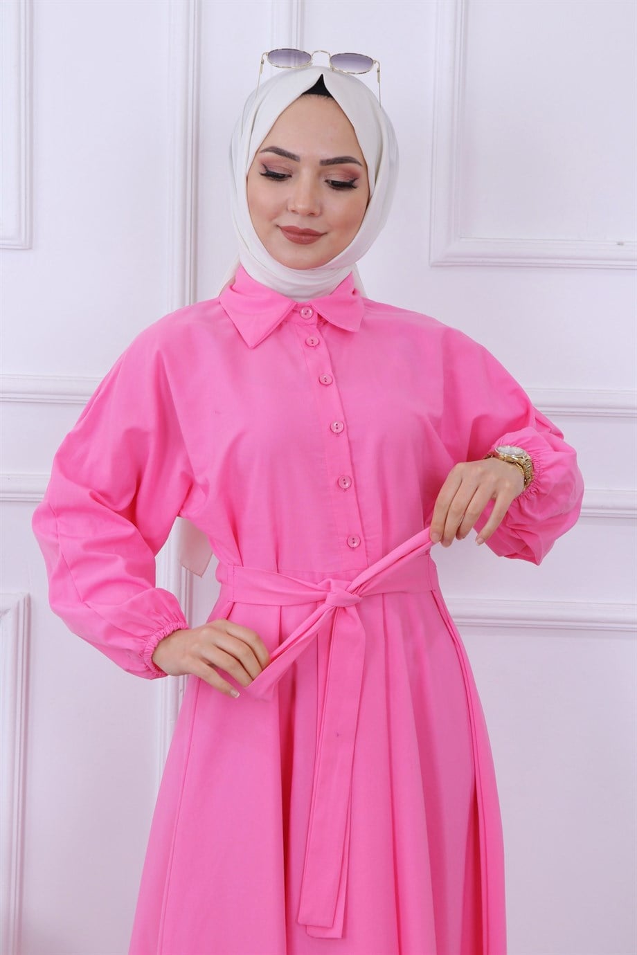 Yarıya Kadar Düğme Detaylı Elbise Pembe