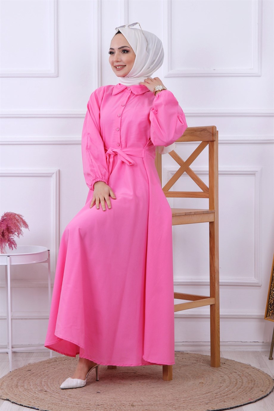 Yarıya Kadar Düğme Detaylı Elbise Pembe